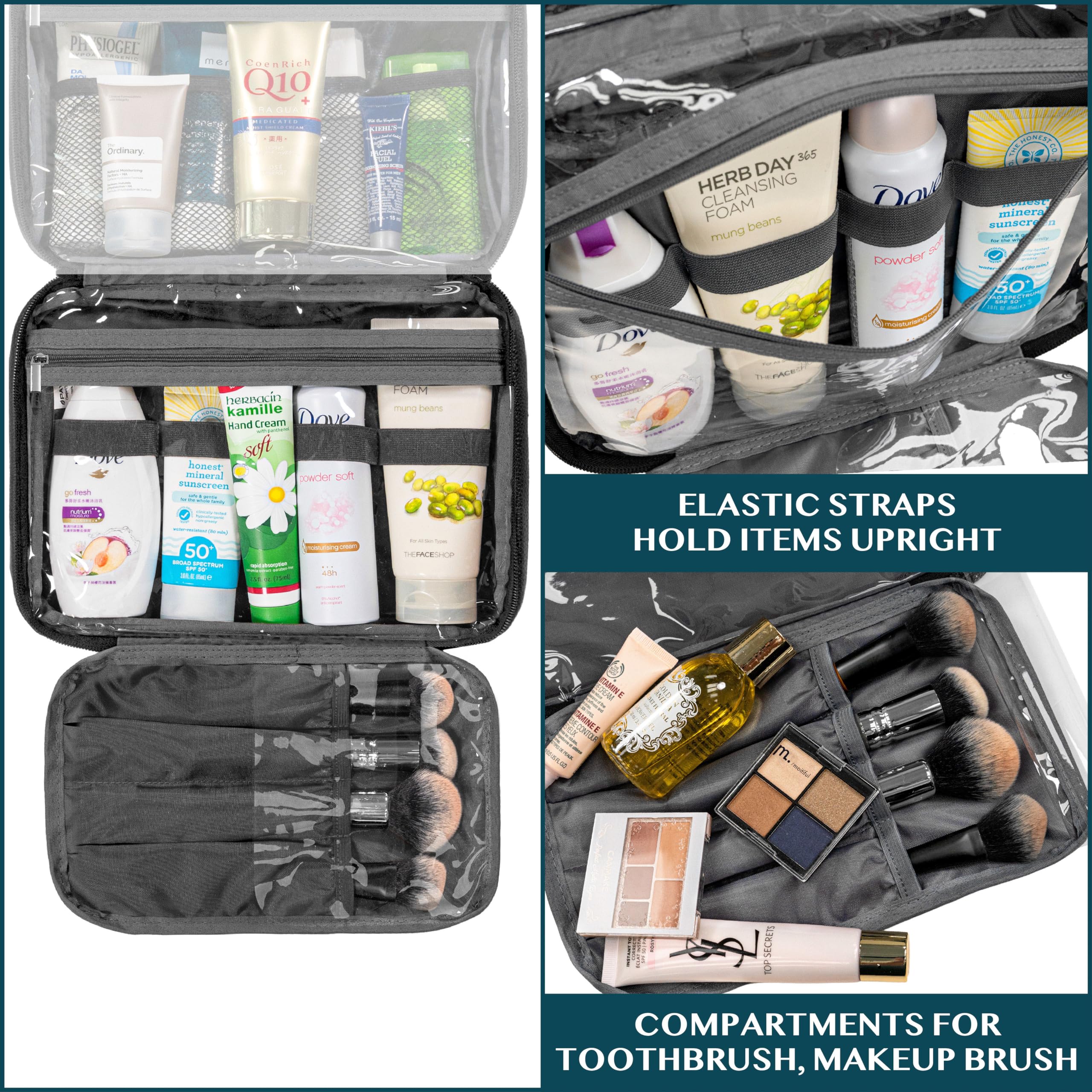 PAVILIA foam-padding makeup bag protects bottles during flights and travel.