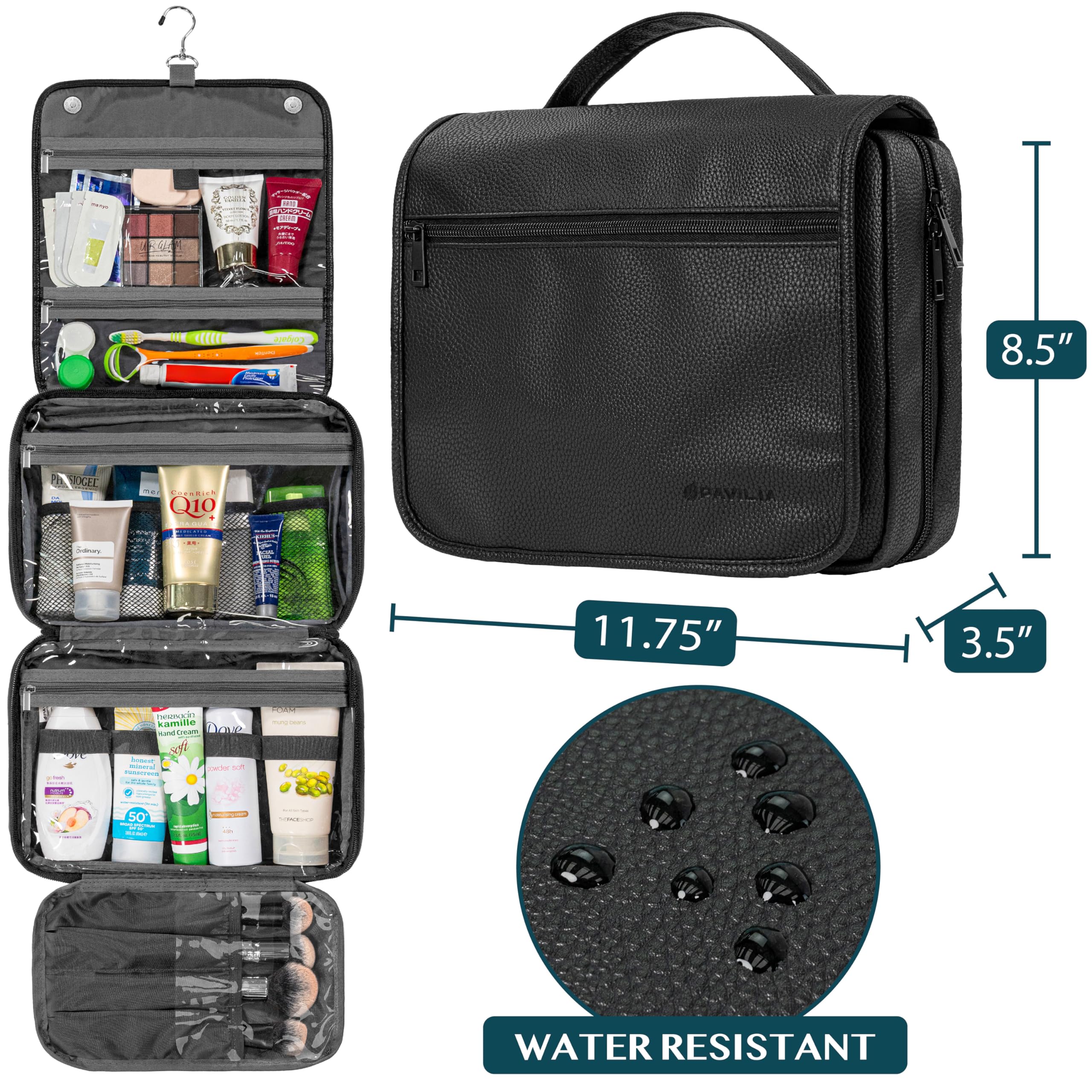 PAVILIA foldable cosmetics organizer shows compact travel setup for slim packing.