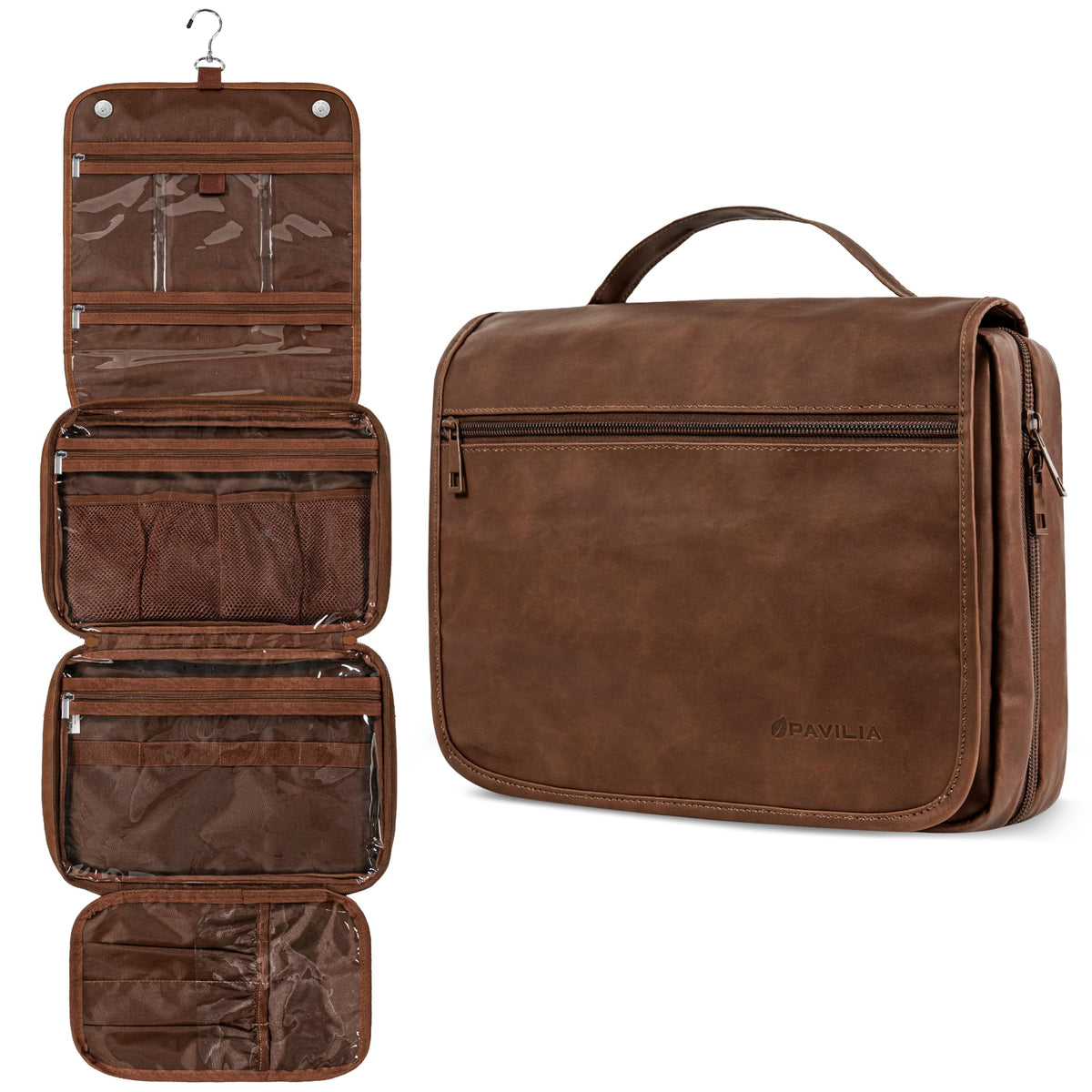 PAVILIA hanging toiletry bag dark brown closed, compact travel ready