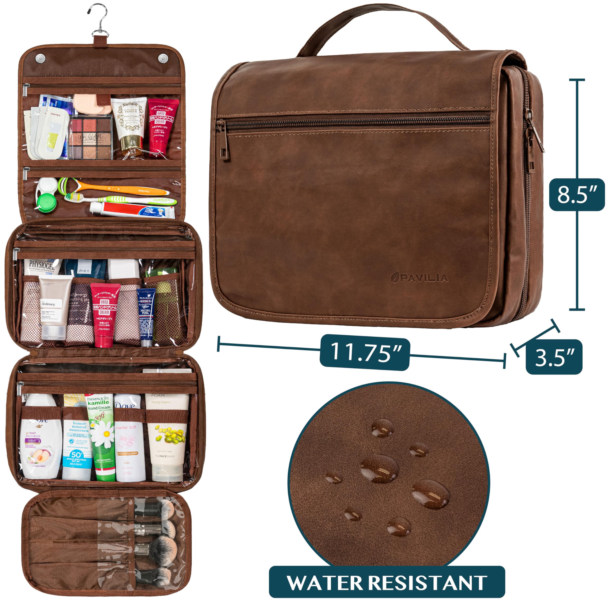 PAVILIA hanging toiletry bag dark brown open, showing compartments
