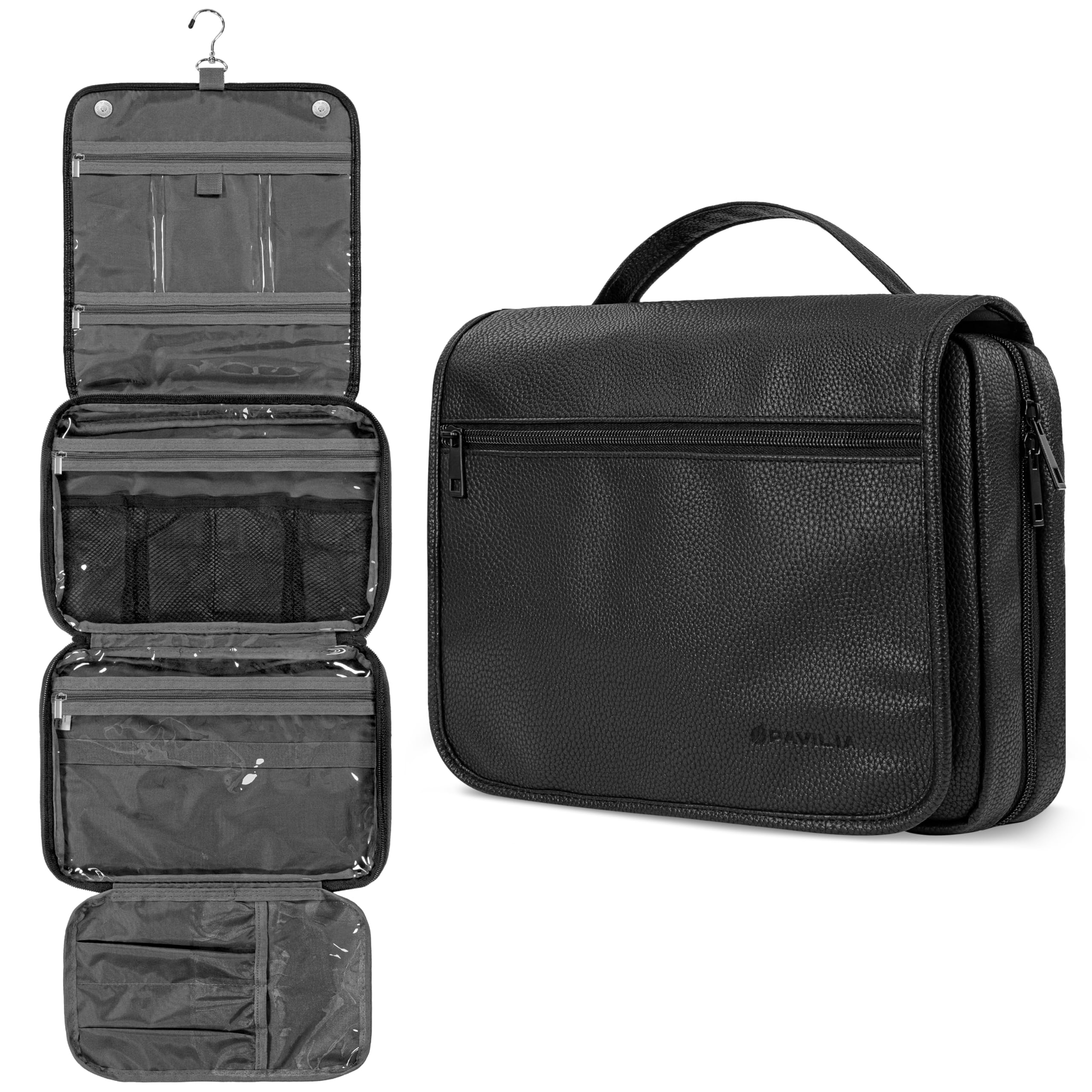 PAVILIA hanging toiletry bag hook for easy hotel bathroom access and organization.