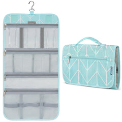 PAVILIA hanging toiletry bag teal-chevron folded for compact travel.