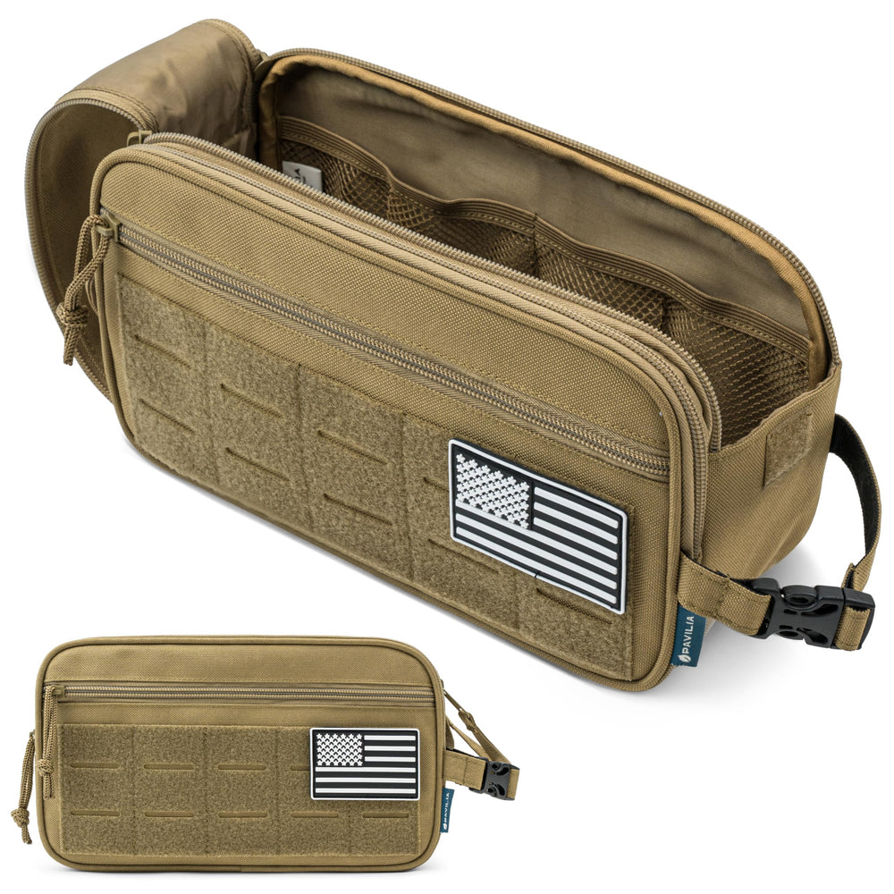 PAVILIA Tactical Toiletry Bag front view with MOLLE webbing for easy organization.