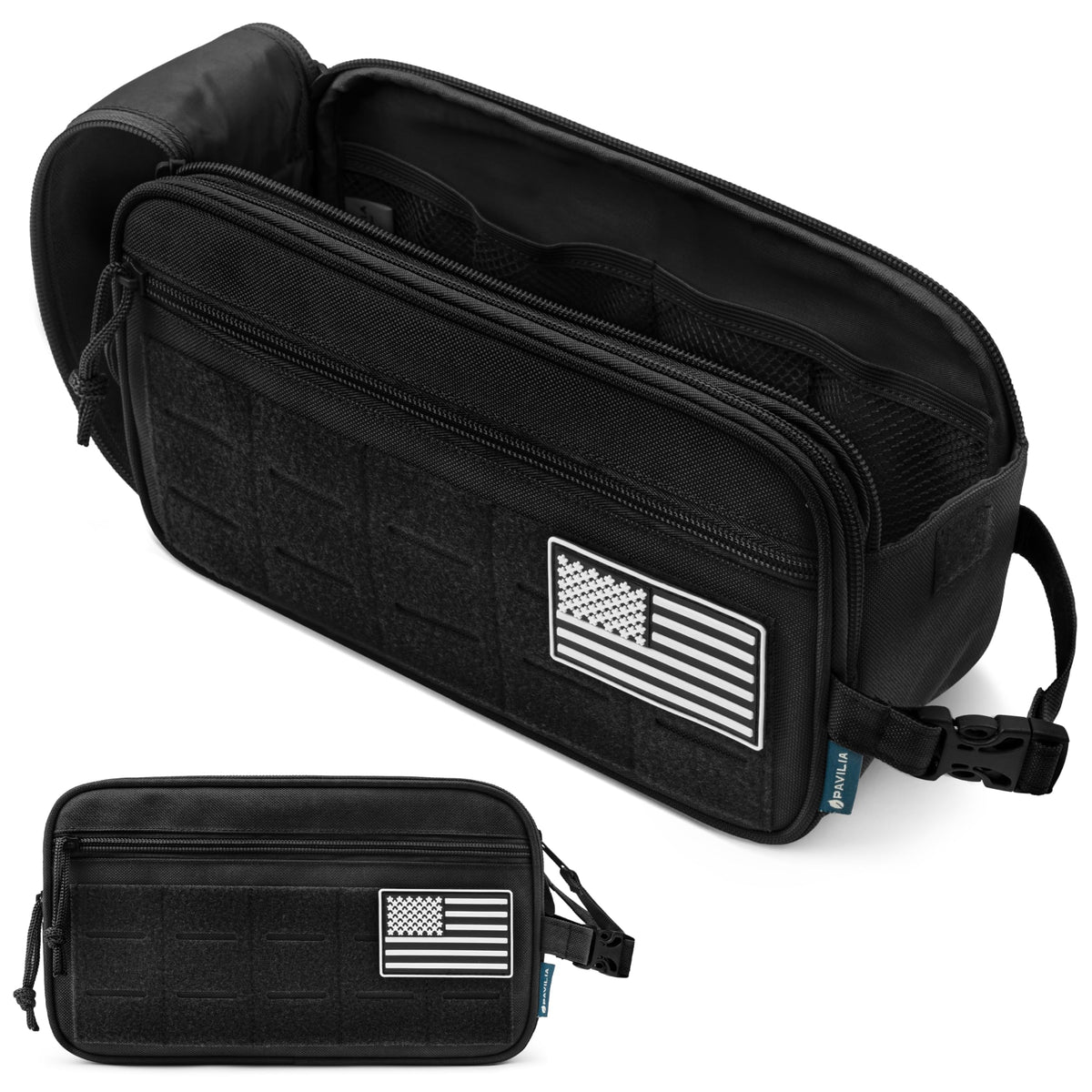 PAVILIA tactical bag front view with MOLLE for quick attachment.