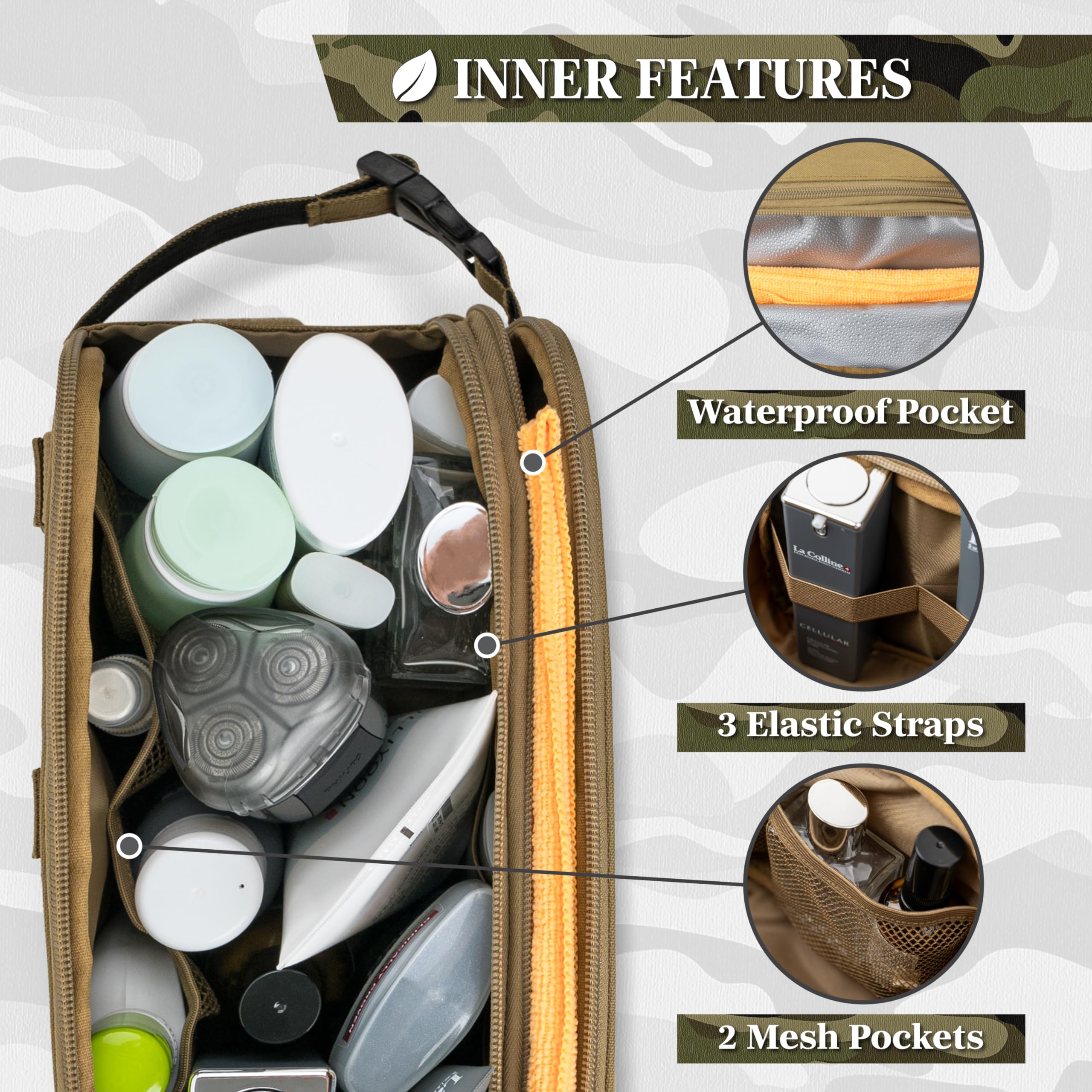 PAVILIA toiletry kit backside with MOLLE straps for attaching accessories.