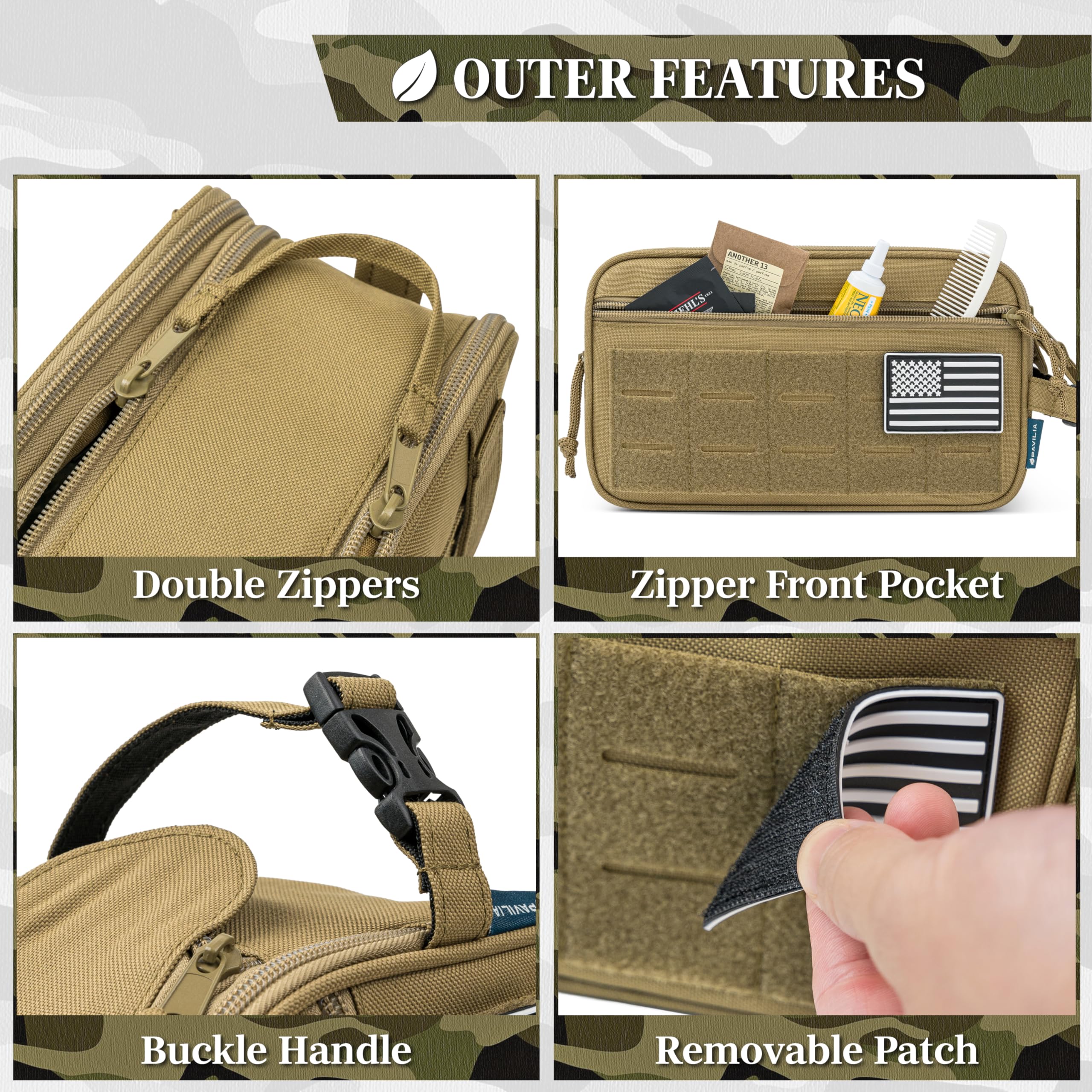 PAVILIA bag front zip pocket and wet-dry divider for organization on trips.