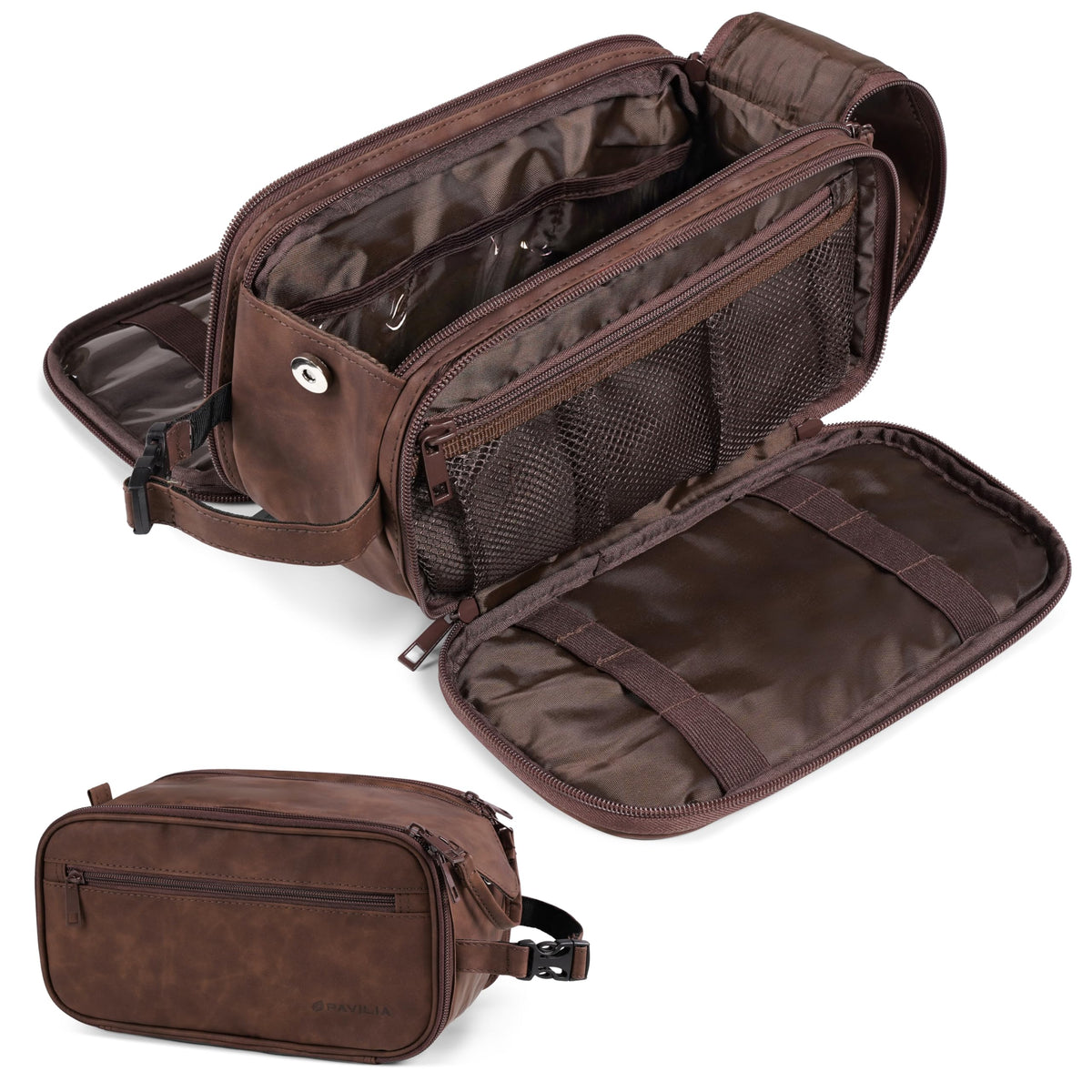 PAVILIA Toiletry Bag dark brown front view for organized travel