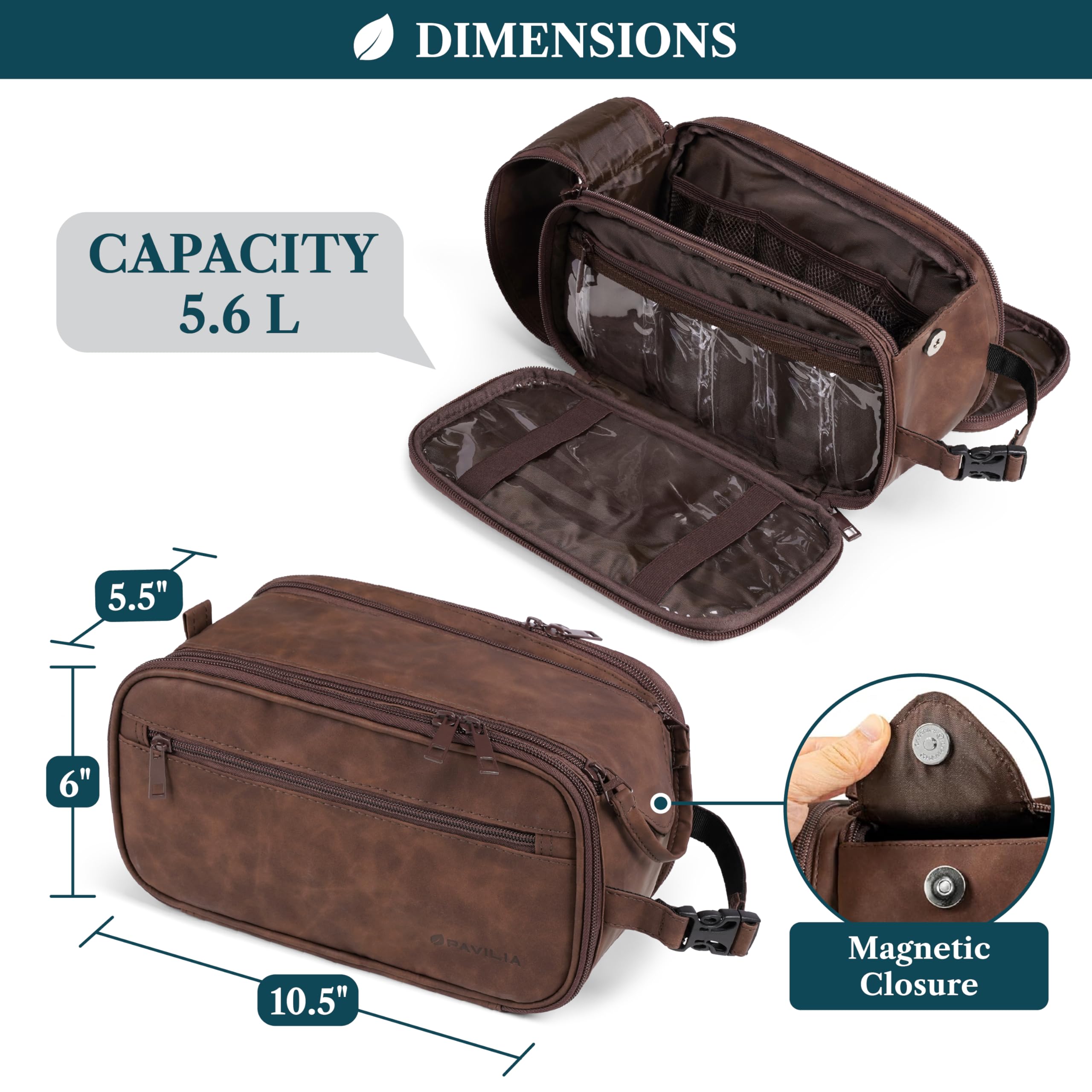 PAVILIA Toiletry Bag dark brown water-resistant material protects contents in luggage