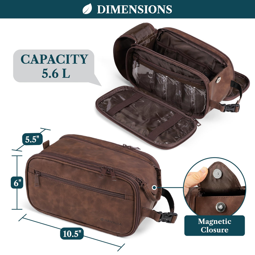 PAVILIA Toiletry Bag dark brown water-resistant material protects contents in luggage