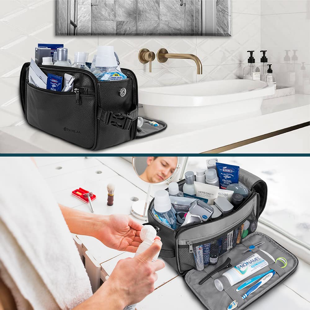 PAVILIA Toiletry Bag hanging buckle access in hotel bathrooms.