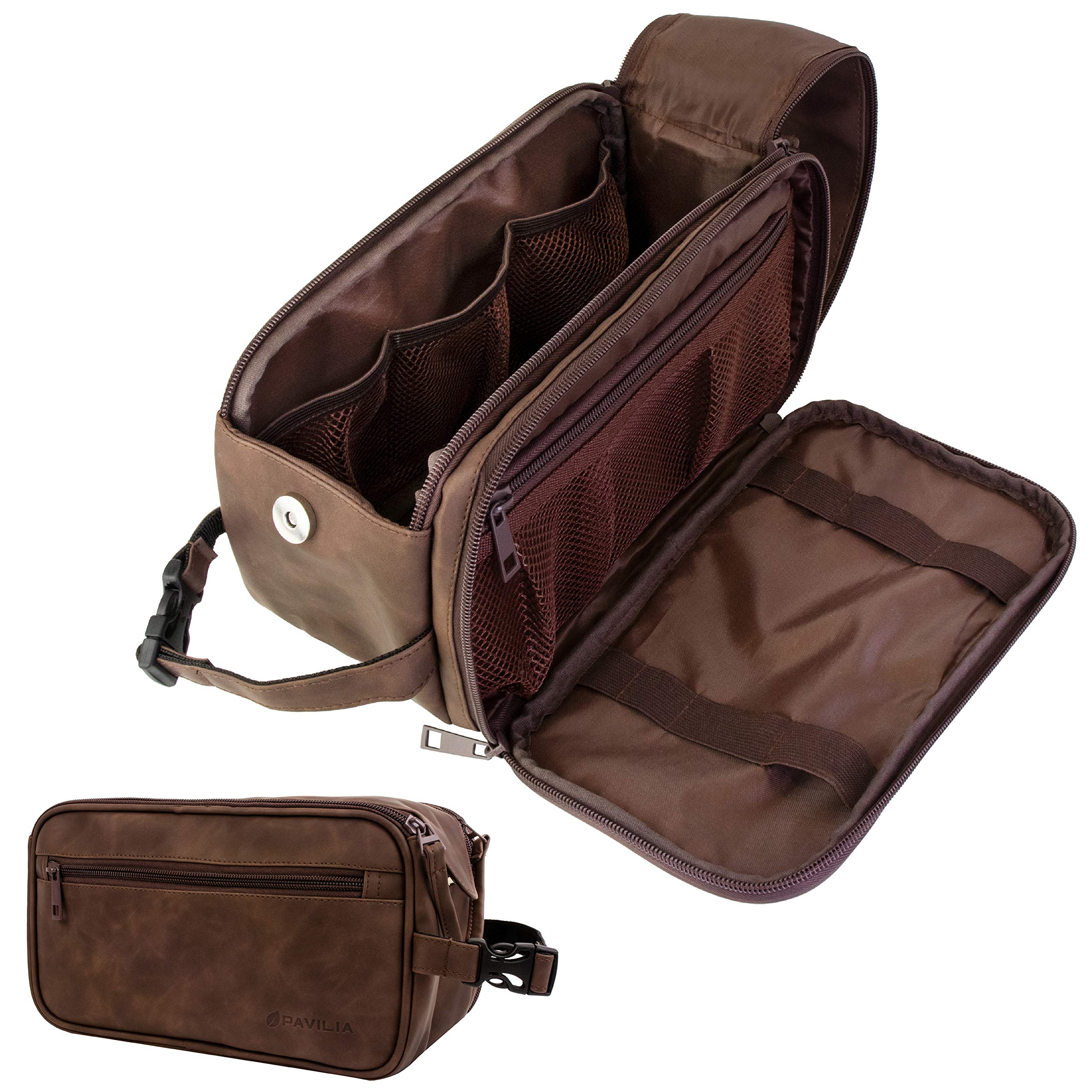PAVILIA toiletry bag for men, dark brown opened to reveal a spacious main compartment for essentials.