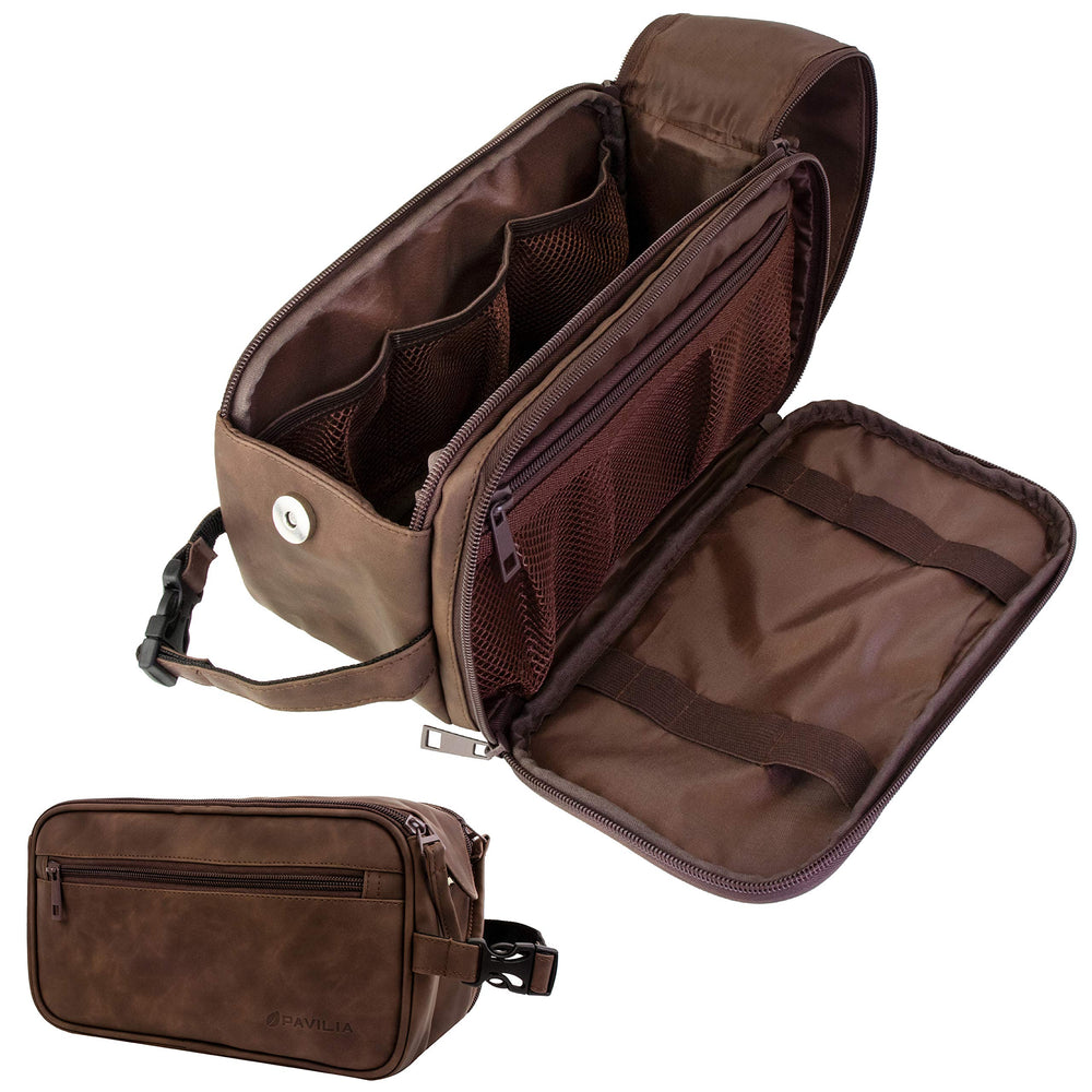 PAVILIA toiletry bag for men, dark brown opened to reveal a spacious main compartment for essentials.