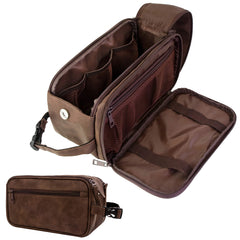 PAVILIA toiletry bag for men, dark brown opened to reveal a spacious main compartment for essentials.