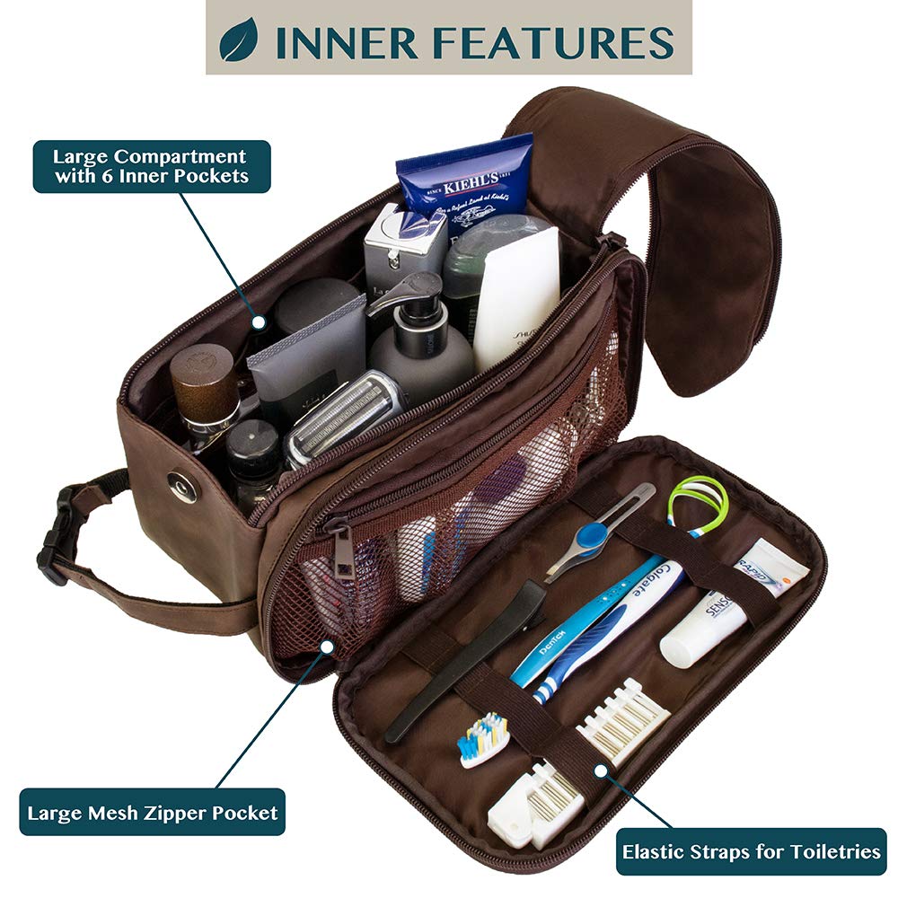 PAVILIA toiletry bag’s water-resistant PU leather exterior protects contents during travel.