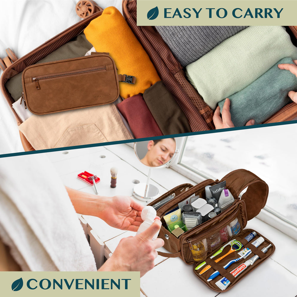 PAVILIA Toiletry Bag PU leather stitching conveys durability and premium feel.