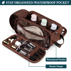 PAVILIA Toiletry Bag water-resistant PU leather close-up shows durability protecting contents during travel.