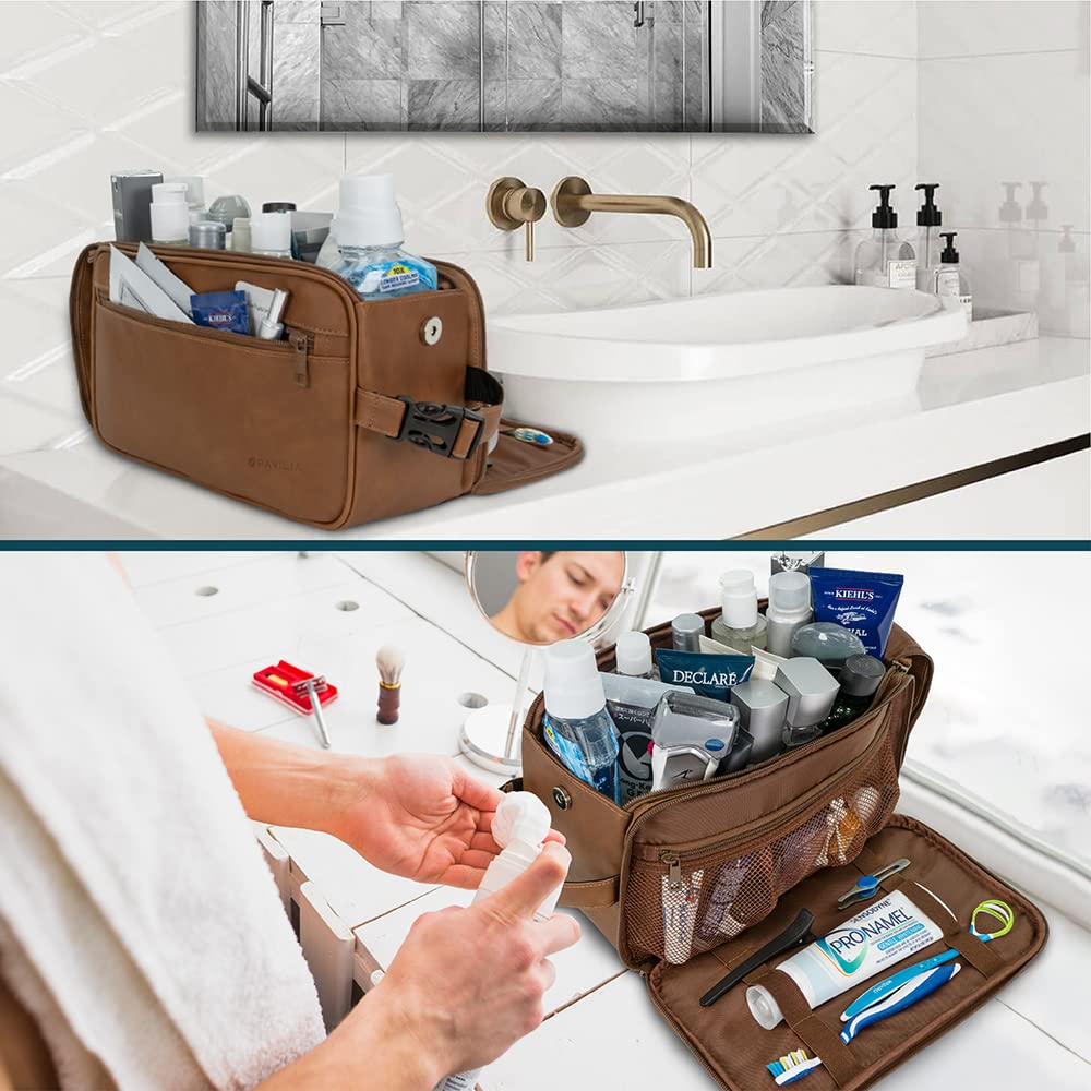 PAVILIA Toiletry Bag XL Brown hanging handle buckle for easy hotel room access