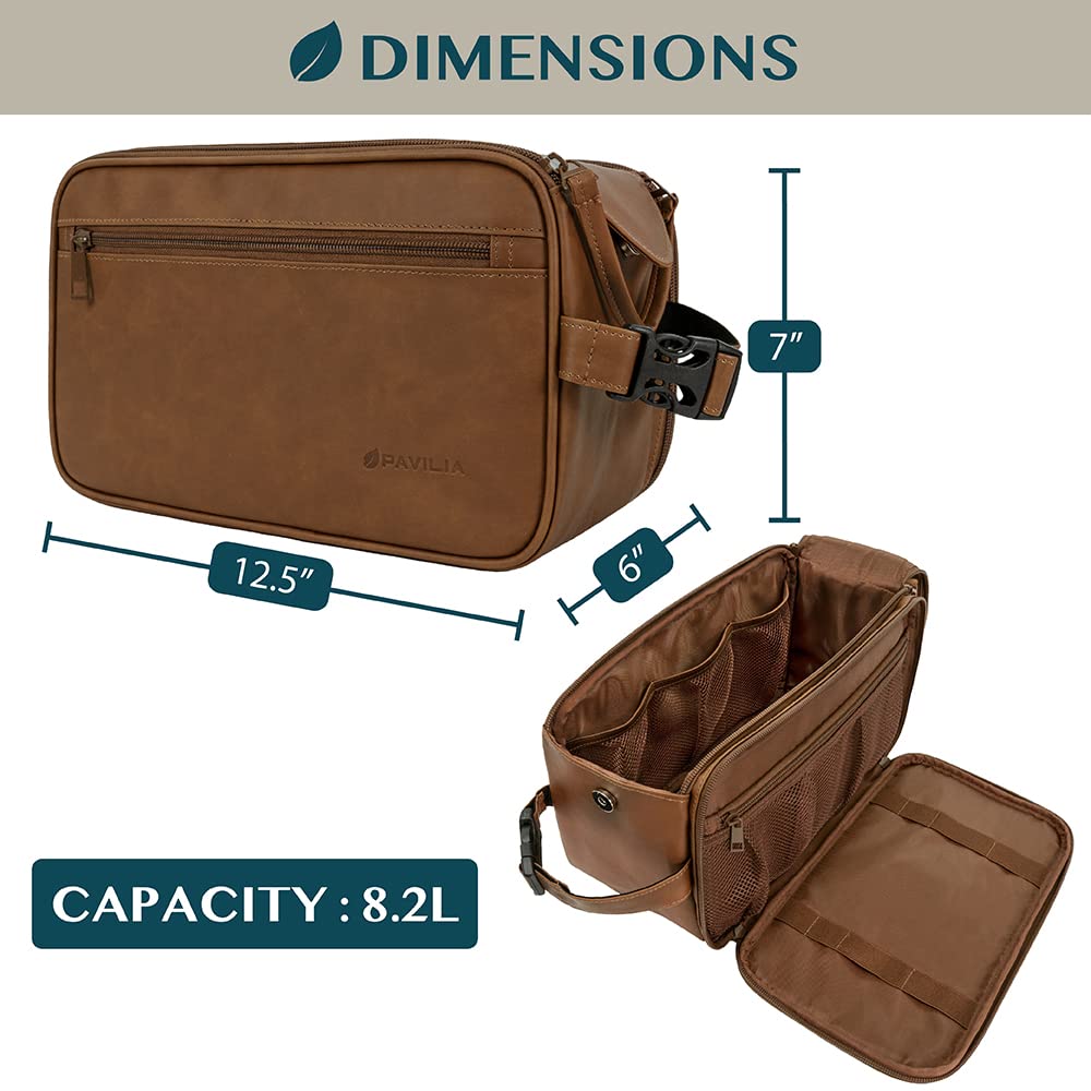 PAVILIA Toiletry Bag XL Brown open main compartment enables easy access to essentials