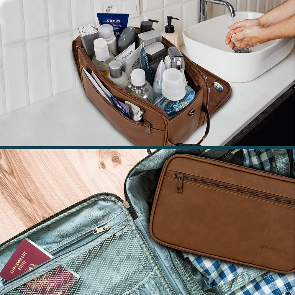 PAVILIA Toiletry Bag XL Brown wet dry separation keeps damp items away