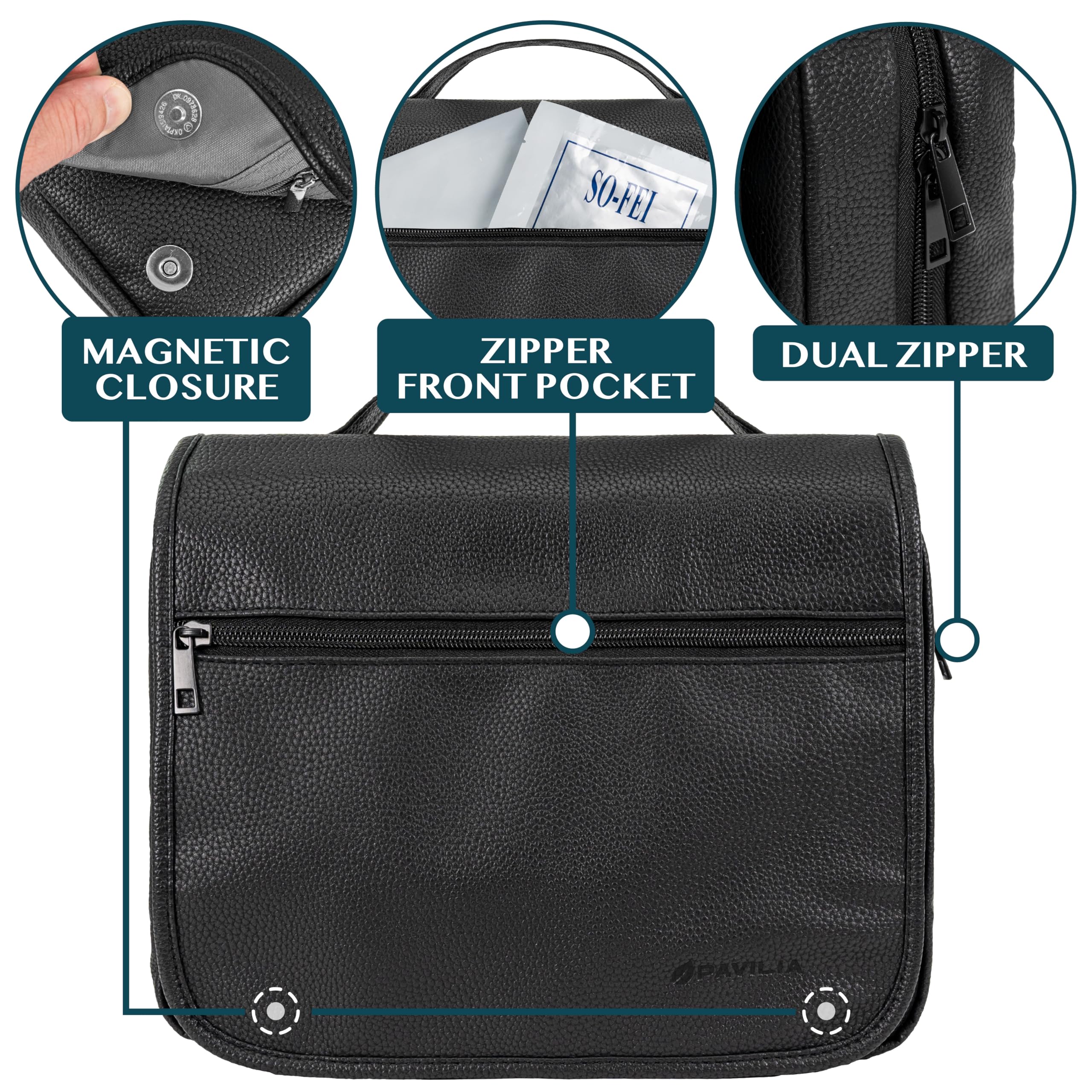 PAVILIA unfolded travel bag length highlights generous capacity for toiletries.