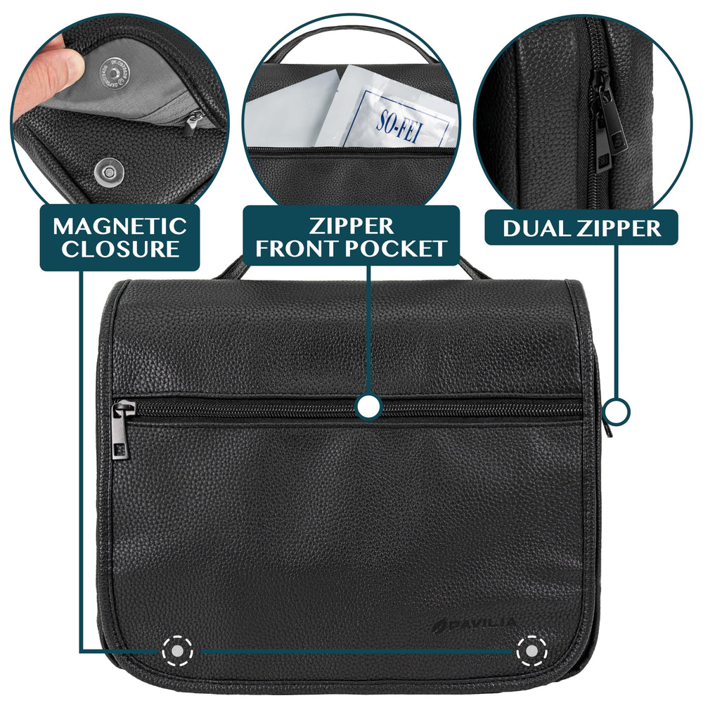 PAVILIA unfolded travel bag length highlights generous capacity for toiletries.