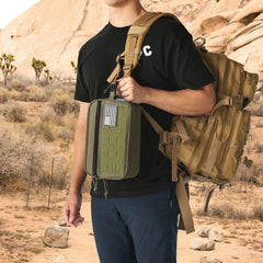PAVILIA Olive tactical bag back view shows MOLLE webbing for attachable gear.