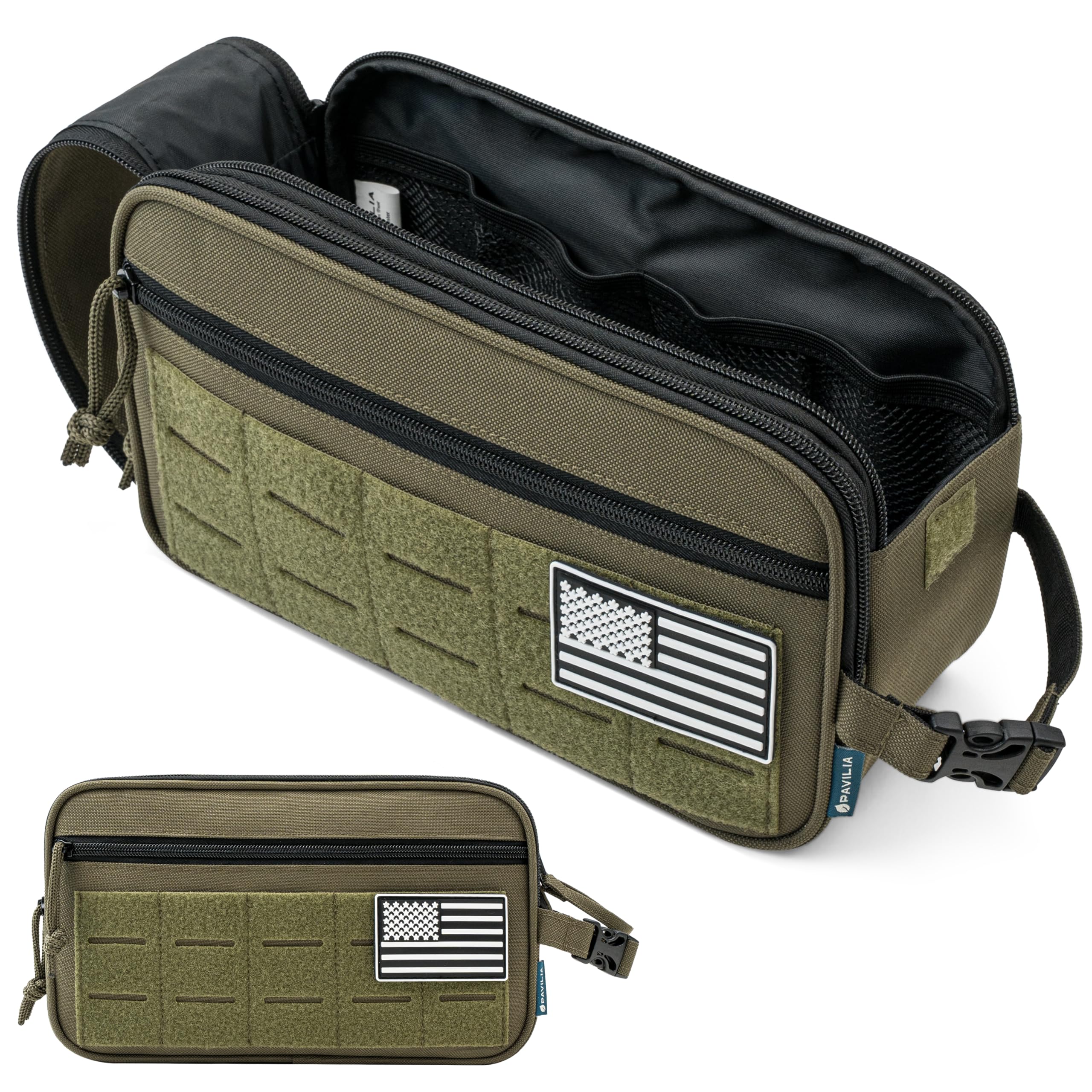 PAVILIA Tactical Toiletry Bag Olive front view highlights compact organization for travel.