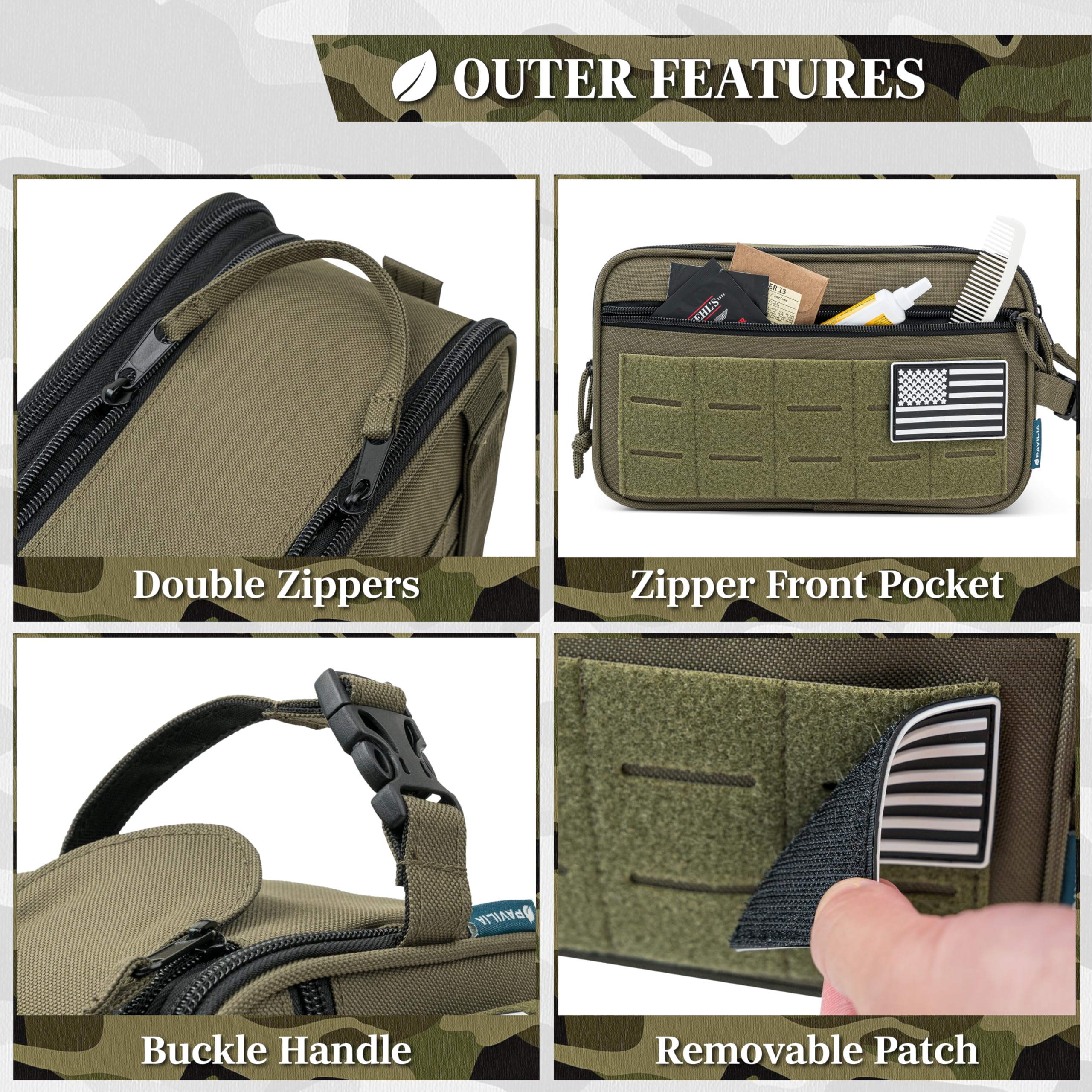 PAVILIA Olive back MOLLE straps support secure backpack or belt attachment.