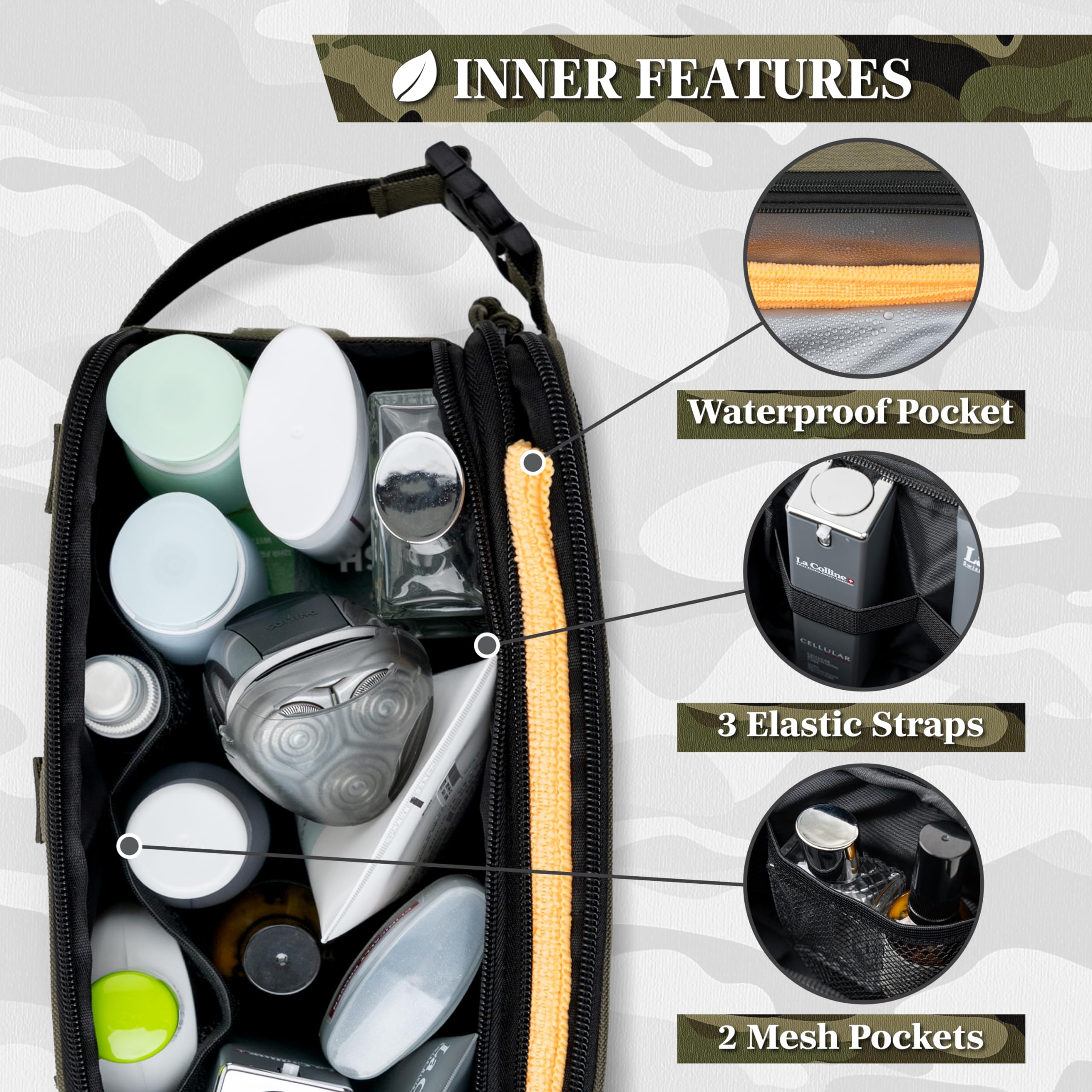 PAVILIA Olive MOLLE front view enables customized organization with attachable pouches.