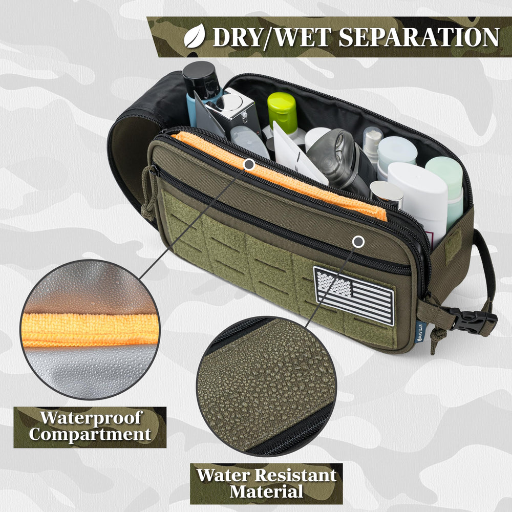 PAVILIA Olive bag open main compartment ideal for quick grooming essentials.
