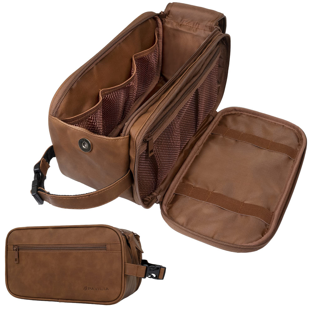 PAVILIA Toiletry Bag front view in brown, durable PU leather for frequent travel