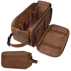 PAVILIA Toiletry Bag front view in brown, durable PU leather for frequent travel