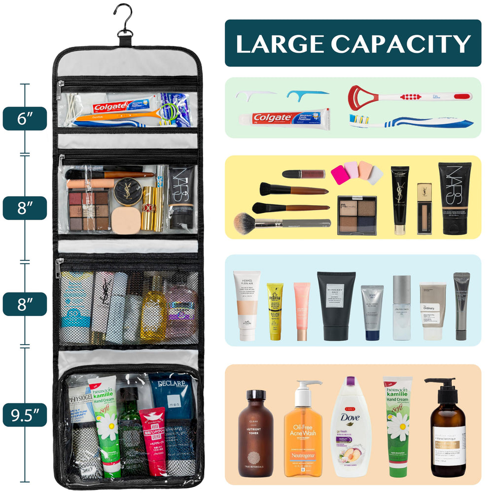 PAVILIA travel hanging toiletry bag four compartments open showing organized interior.