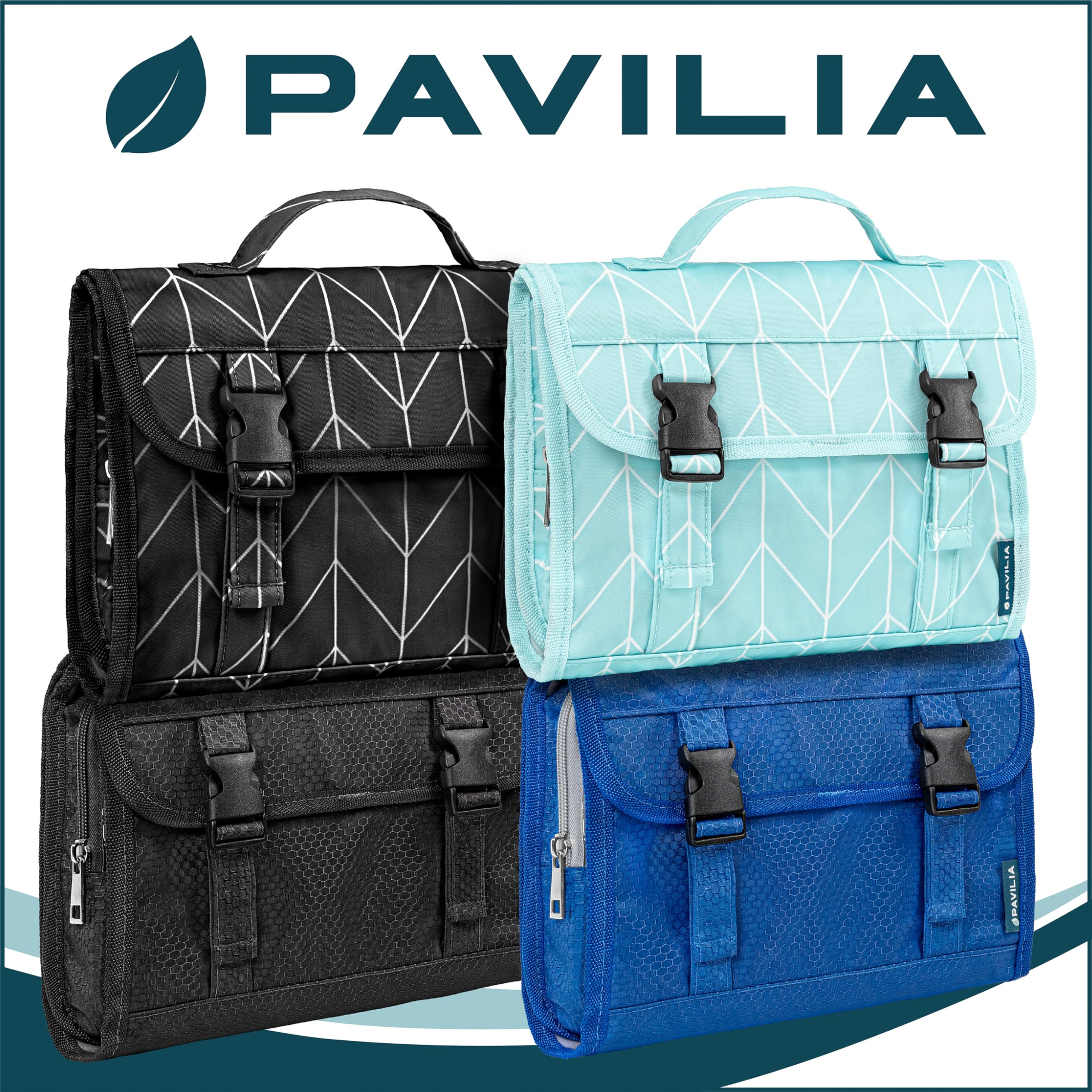 PAVILIA travel hanging toiletry bag front view highlighting accessible organization.