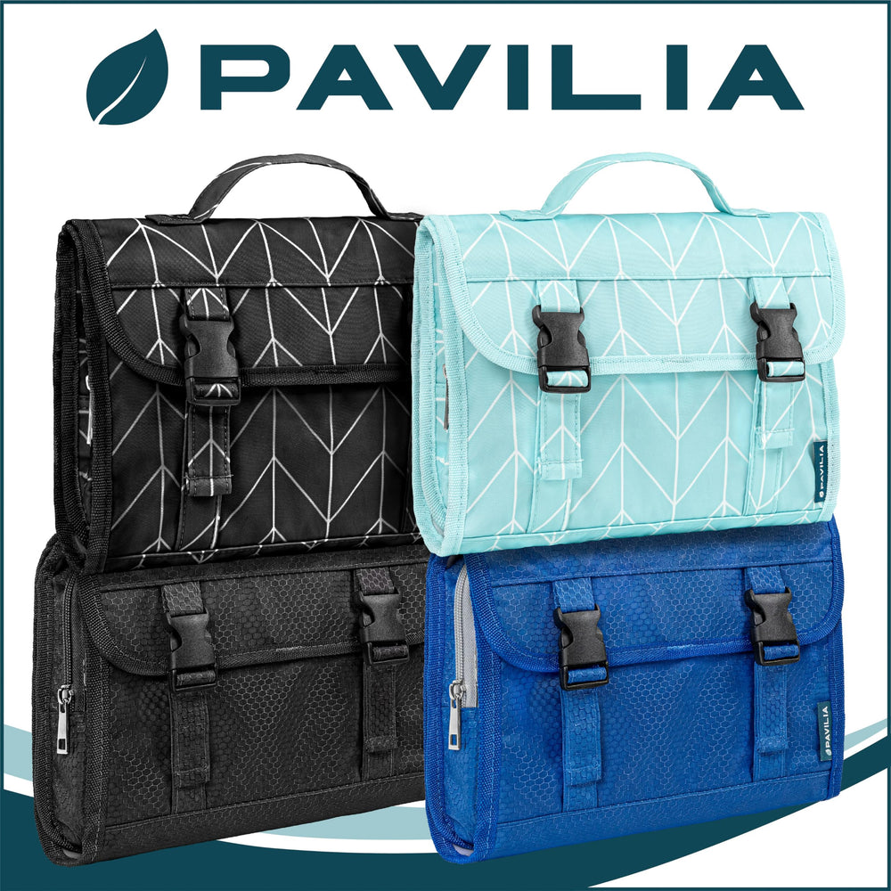 PAVILIA travel hanging toiletry bag front view highlighting accessible organization.