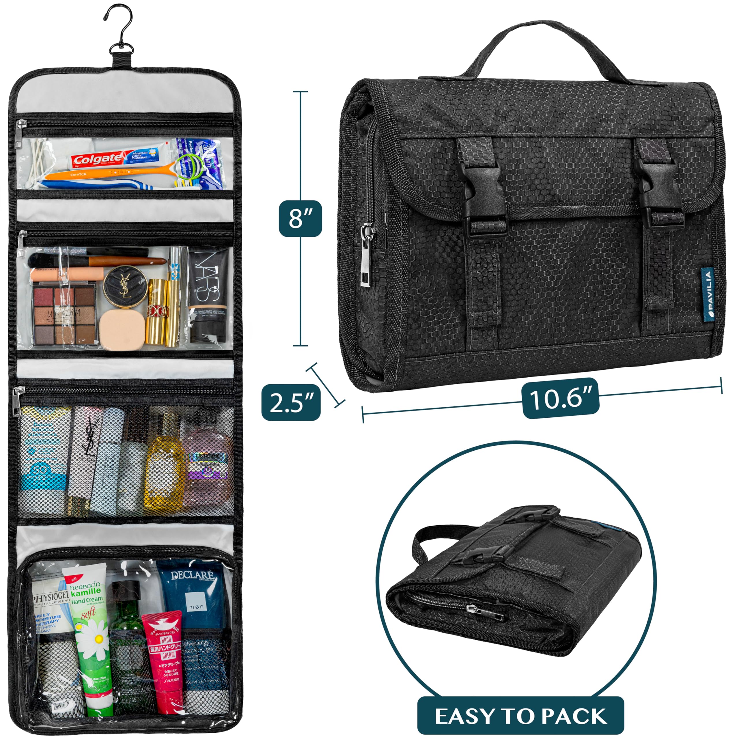 PAVILIA travel hanging toiletry bag hanging hook view for hotel setup and easy drying.