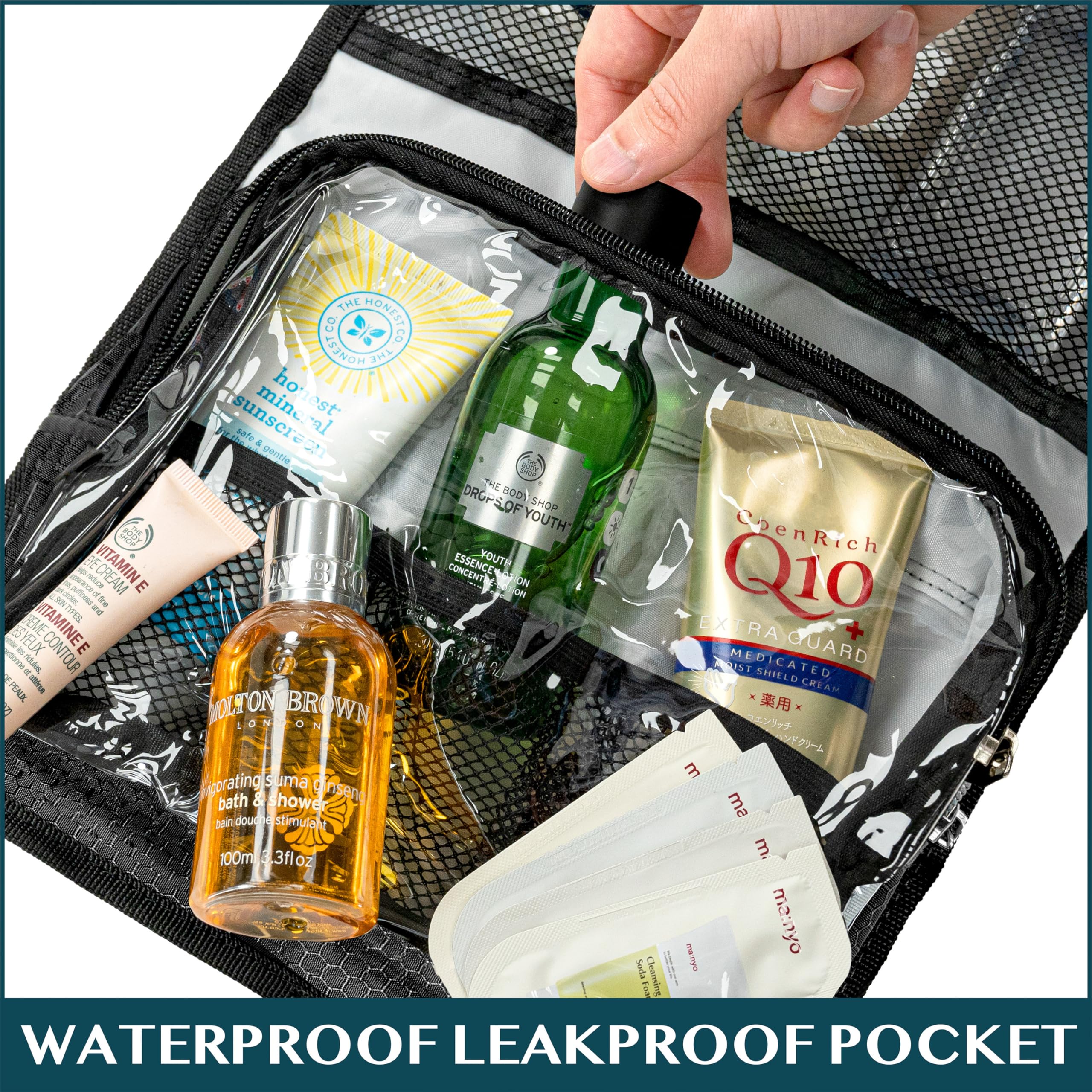 PAVILIA travel hanging toiletry bag in luggage ready for vacation or gym use.