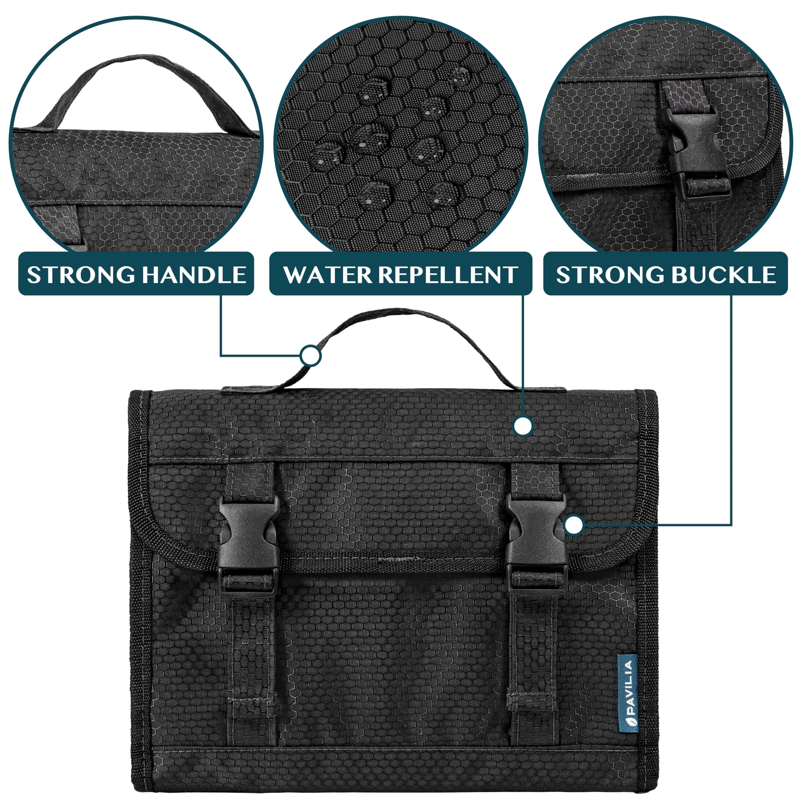 PAVILIA travel hanging toiletry bag padded compartments protecting cosmetics during travel.