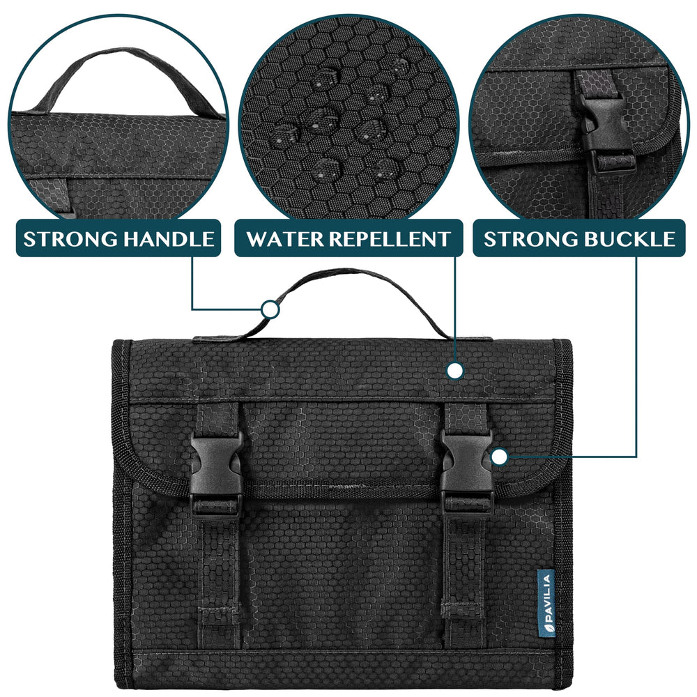 PAVILIA travel hanging toiletry bag padded compartments protecting cosmetics during travel.