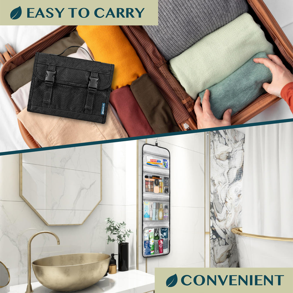 PAVILIA travel hanging toiletry bag roll-up wet-pocket for separating damp items.