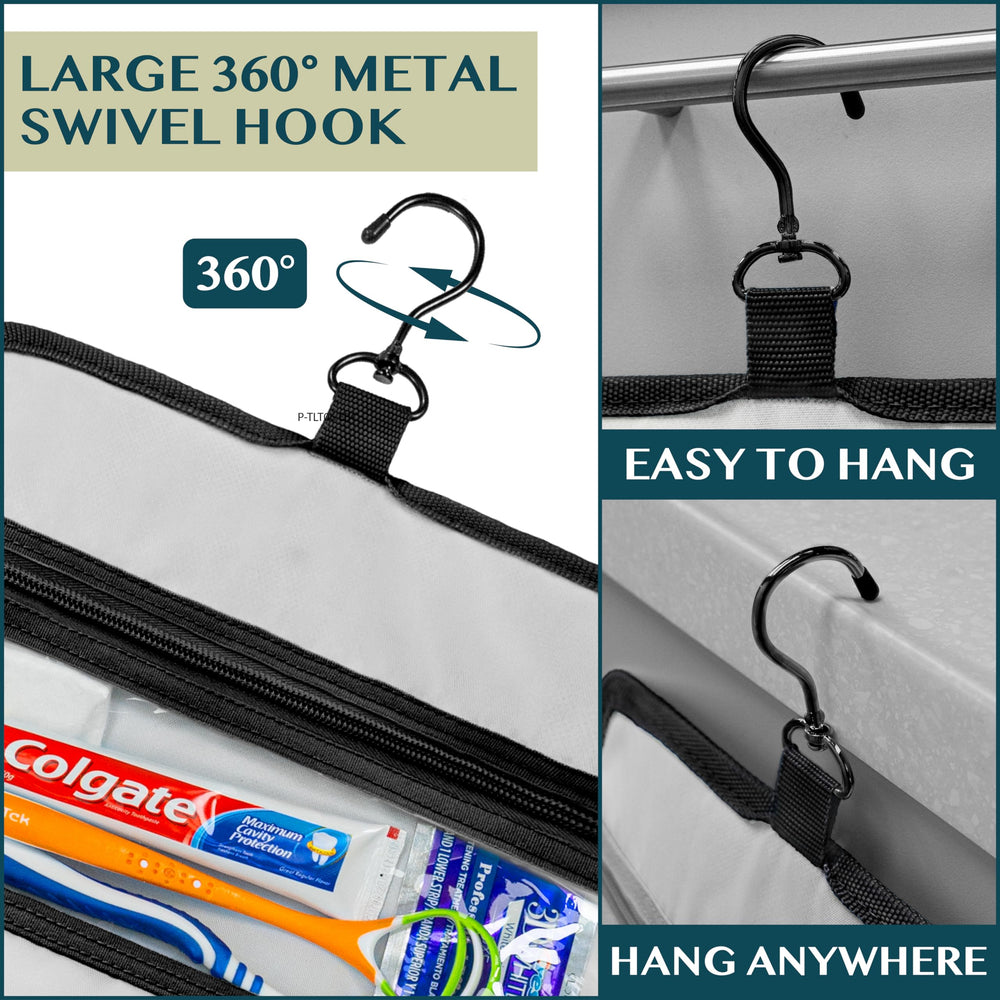 PAVILIA travel hanging toiletry bag waterproof fabric guards contents in wet conditions.