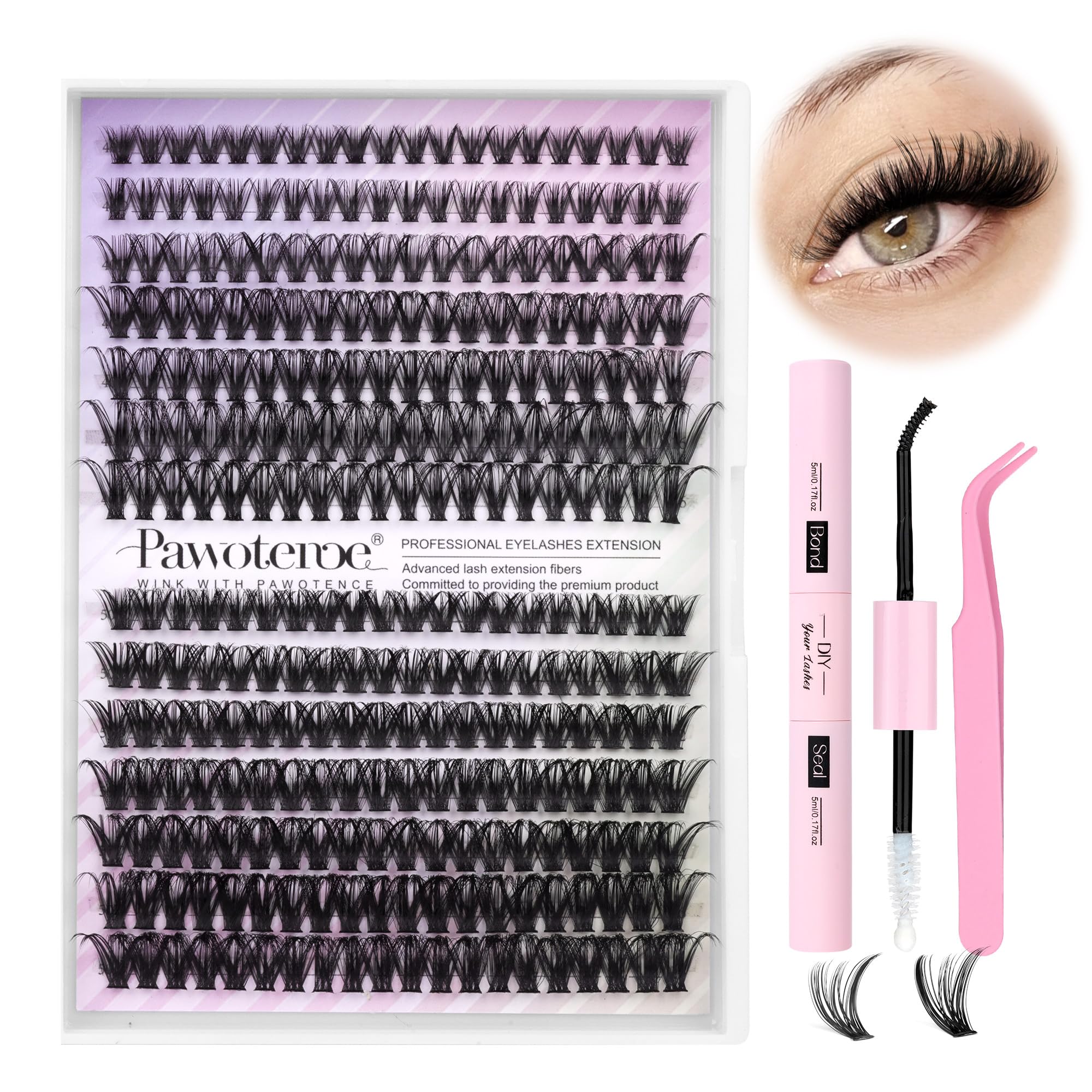 Pawotence lash extension kit packaging showing contents for at-home salon-quality results