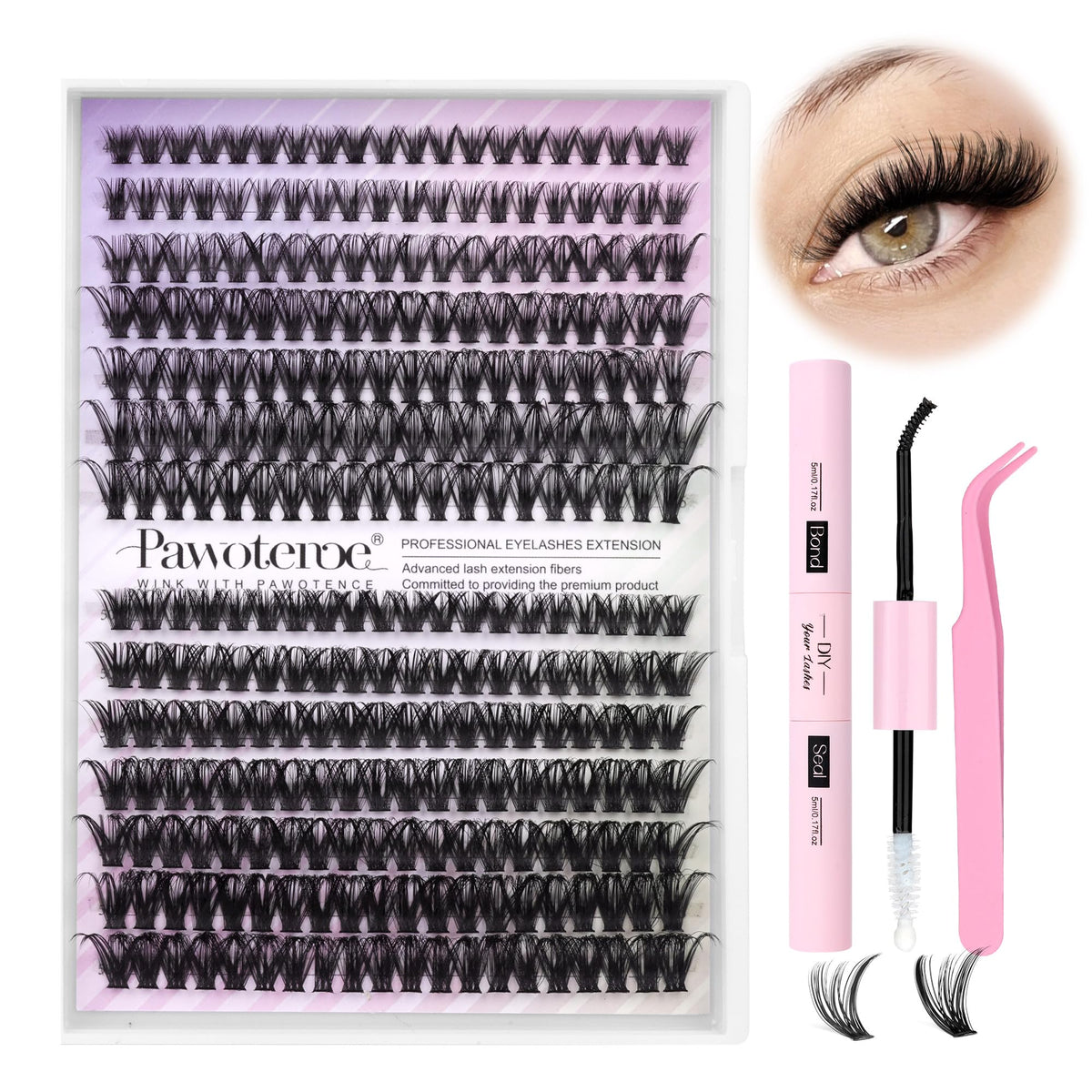 Pawotence lash extension kit packaging showing contents for at-home salon-quality results