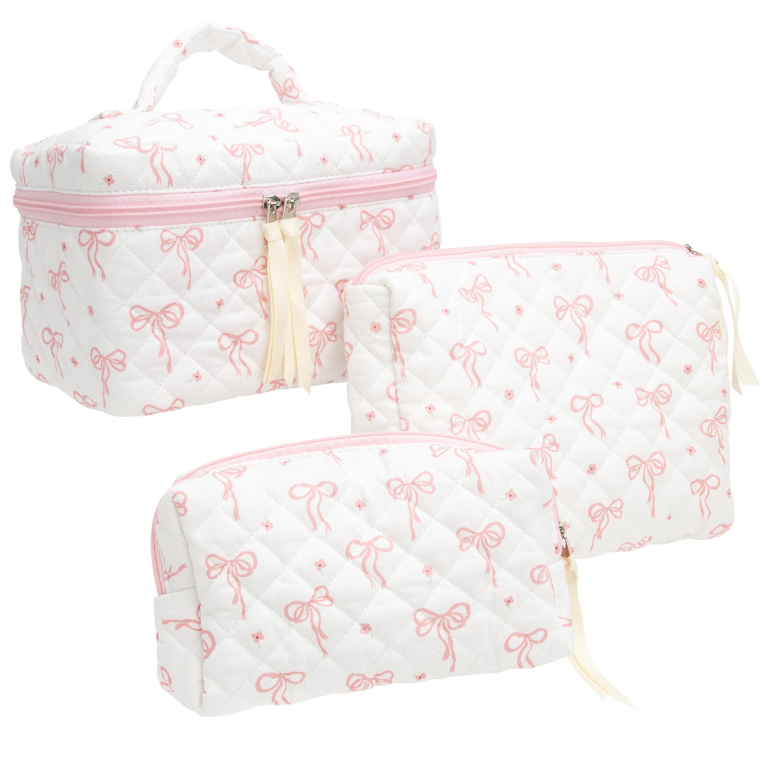 PAZIMIIK 3PCS makeup bag large quilted pink with spacious main compartment for cosmetics.