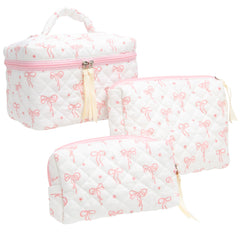 PAZIMIIK 3PCS makeup bag large quilted pink with spacious main compartment for cosmetics.