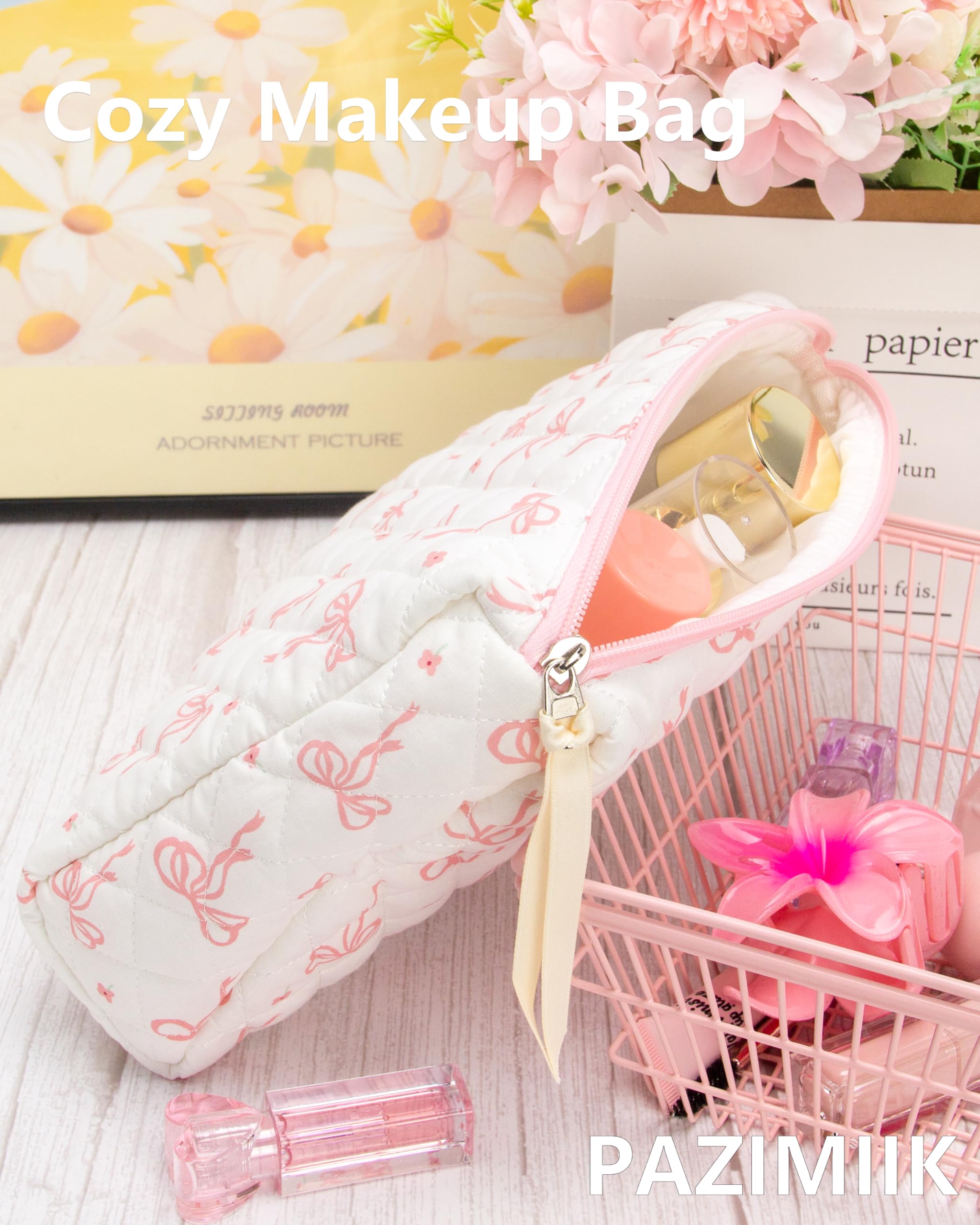 PAZIMIIK soft quilted exterior on pink makeup bag offers stylish practicality.