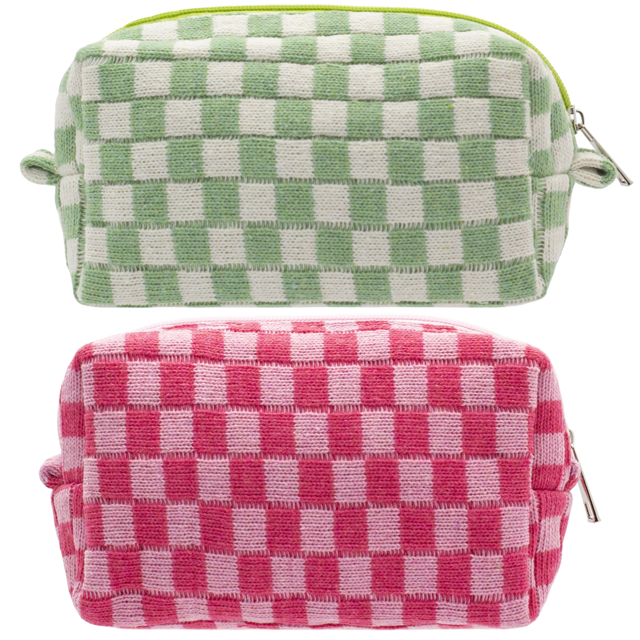 PAZIMIIK checkered makeup bag with flat bottom for easy, hands-free access.