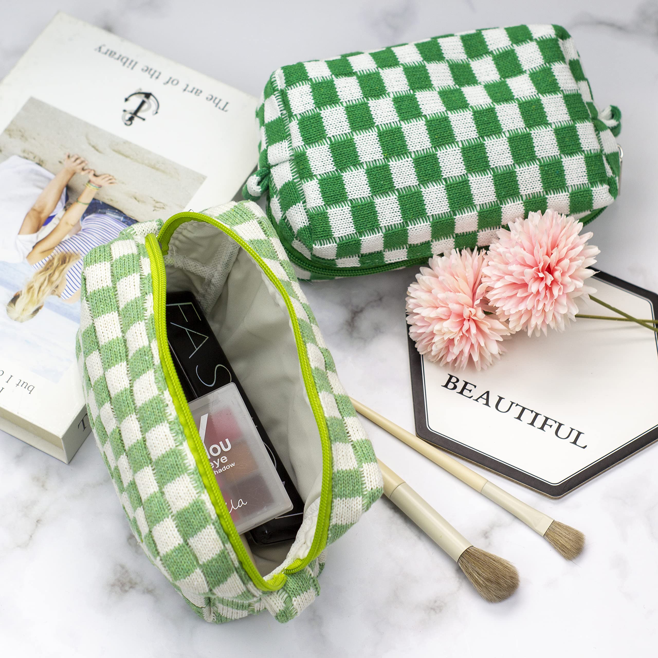 PAZIMIIK checkered makeup bag featuring top zipper for secure, stylish storage.