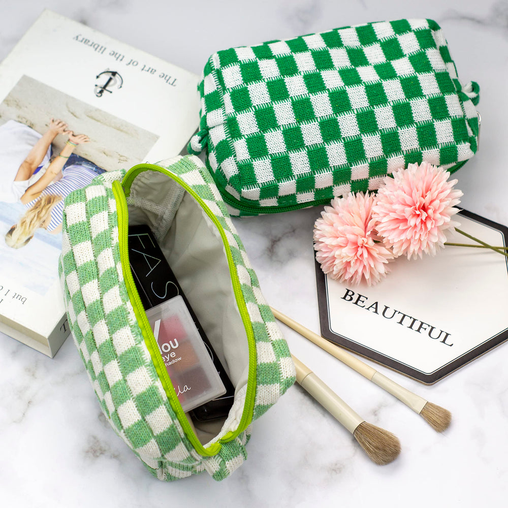 PAZIMIIK checkered makeup bag featuring top zipper for secure, stylish storage.