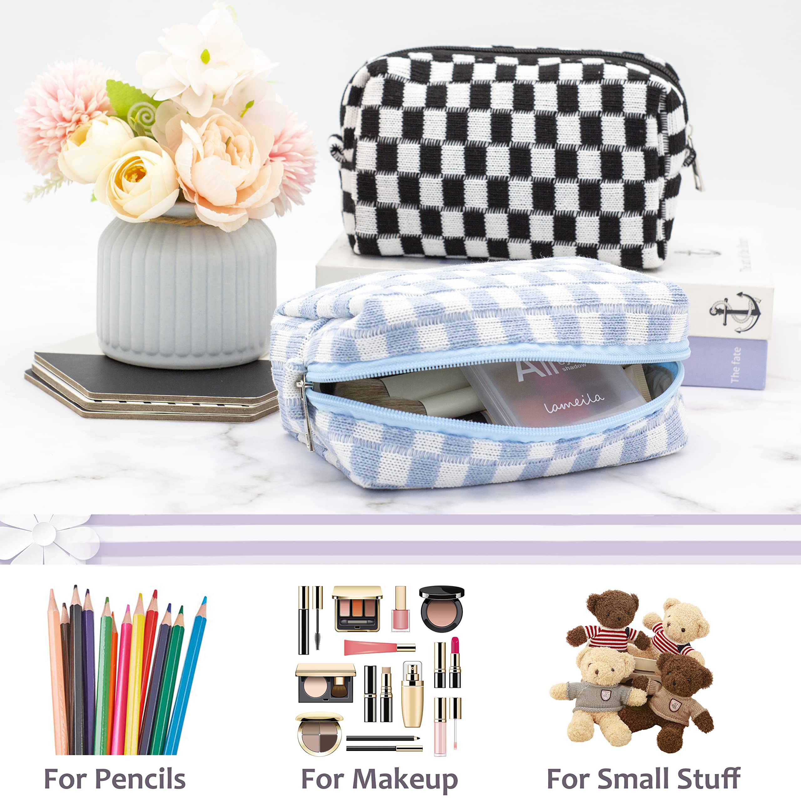 PAZIMIIK checkered makeup bag blue lightweight easy to carry in any bag